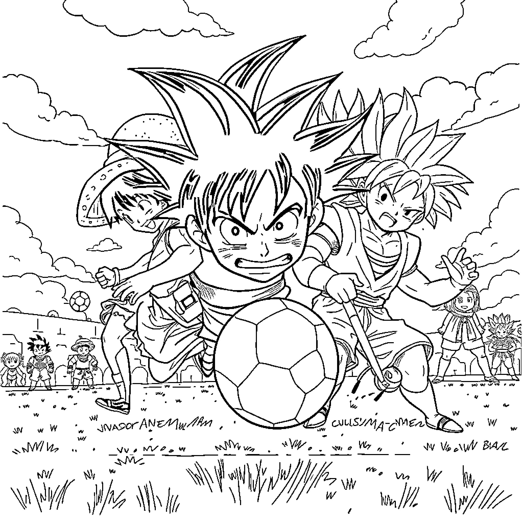 One Piece and Dragon Ball characters playing soccer in the park Coloring Page (free black-and-white line drawing printable PDF for all, from beginners to advanced learners, including children, teens, adults, and seniors)