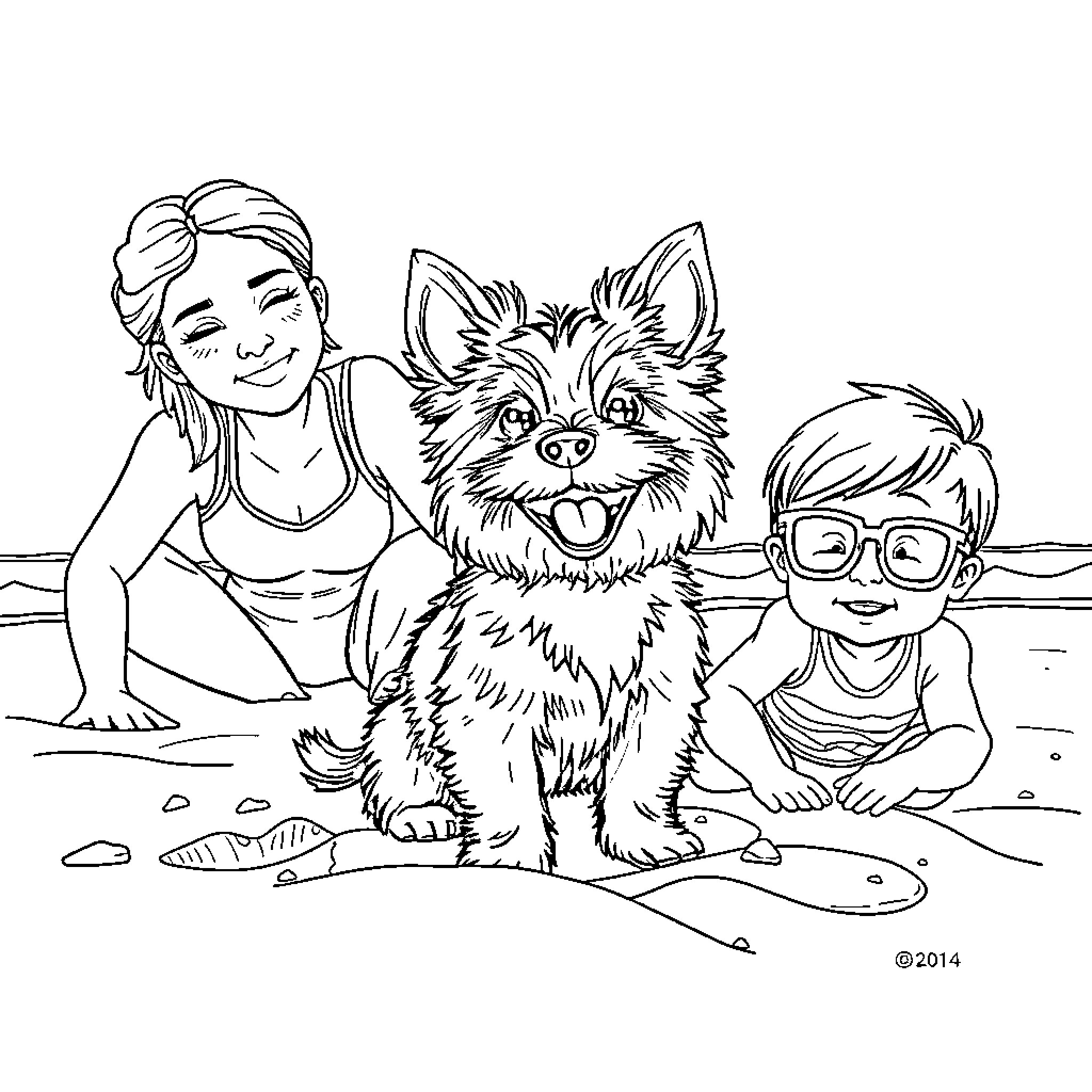Yorkie playing with a boy and girl on the beach Coloring Page (free black-and-white line drawing printable PDF for all, from beginners to advanced learners, including children, teens, adults, and seniors)