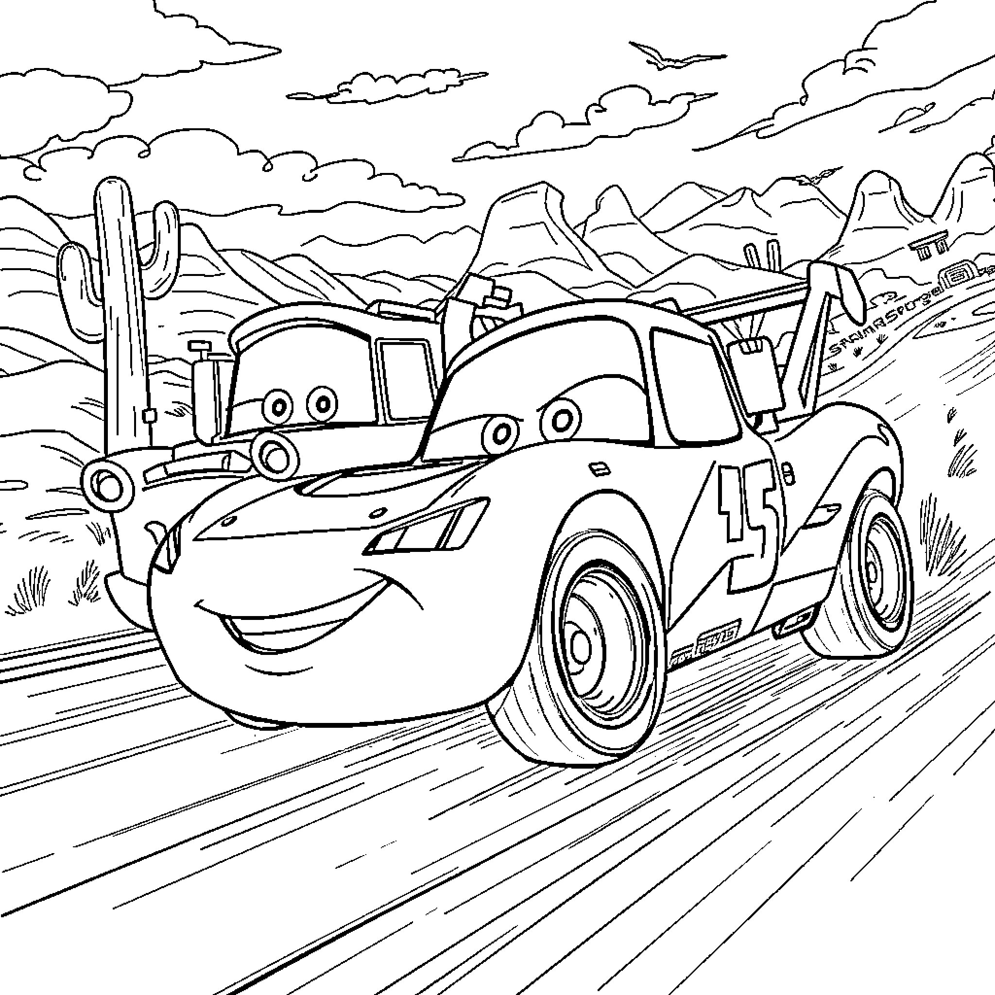 Rayo McQueen racing through the desert landscape Coloring Page (free black-and-white line drawing printable PDF for all, from beginners to advanced learners, including children, teens, adults, and seniors)