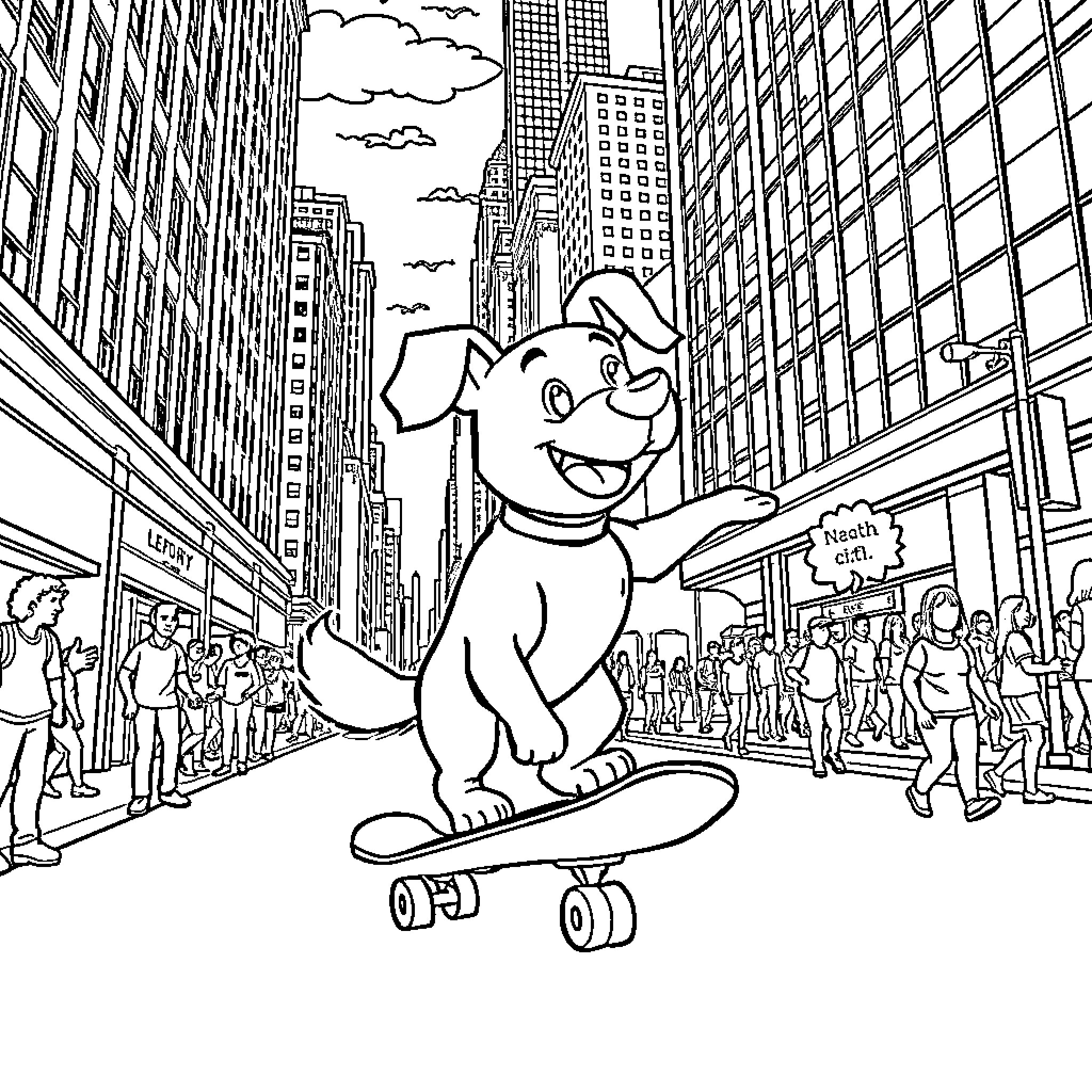 Bluey riding a skateboard in the city Coloring Page (free black-and-white line drawing printable PDF for all, from beginners to advanced learners, including children, teens, adults, and seniors)