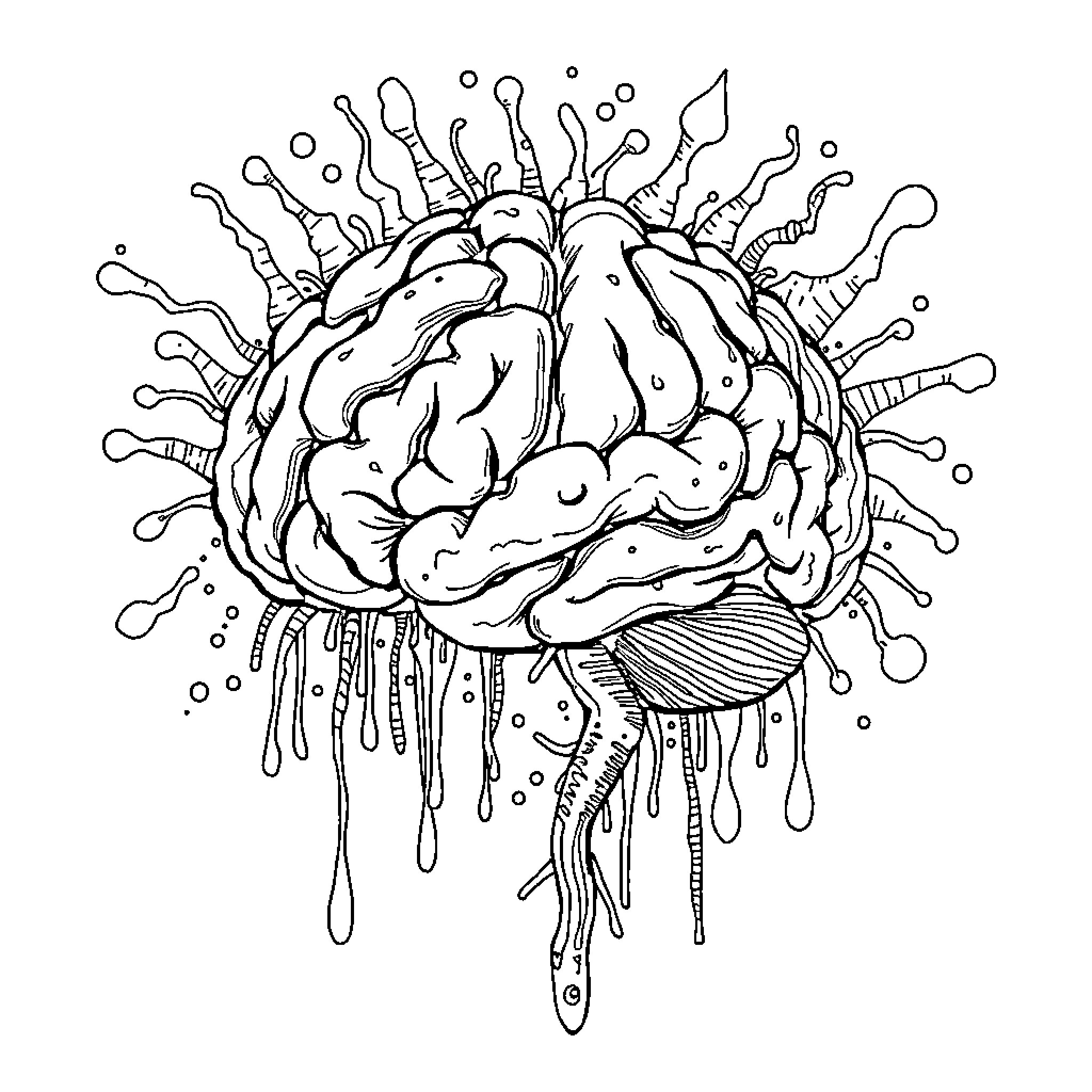 Brainrot: Melting Cerebral Landscape Coloring Page (free black-and-white line drawing printable PDF for all, from beginners to advanced learners, including children, teens, adults, and seniors)