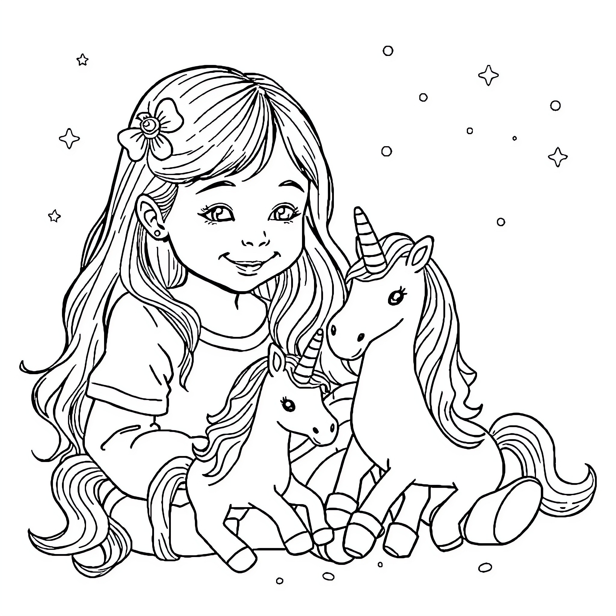 Unicorn and the Enchanted Girl Coloring Page (free black-and-white line drawing printable PDF for all, from beginners to advanced learners, including children, teens, adults, and seniors)