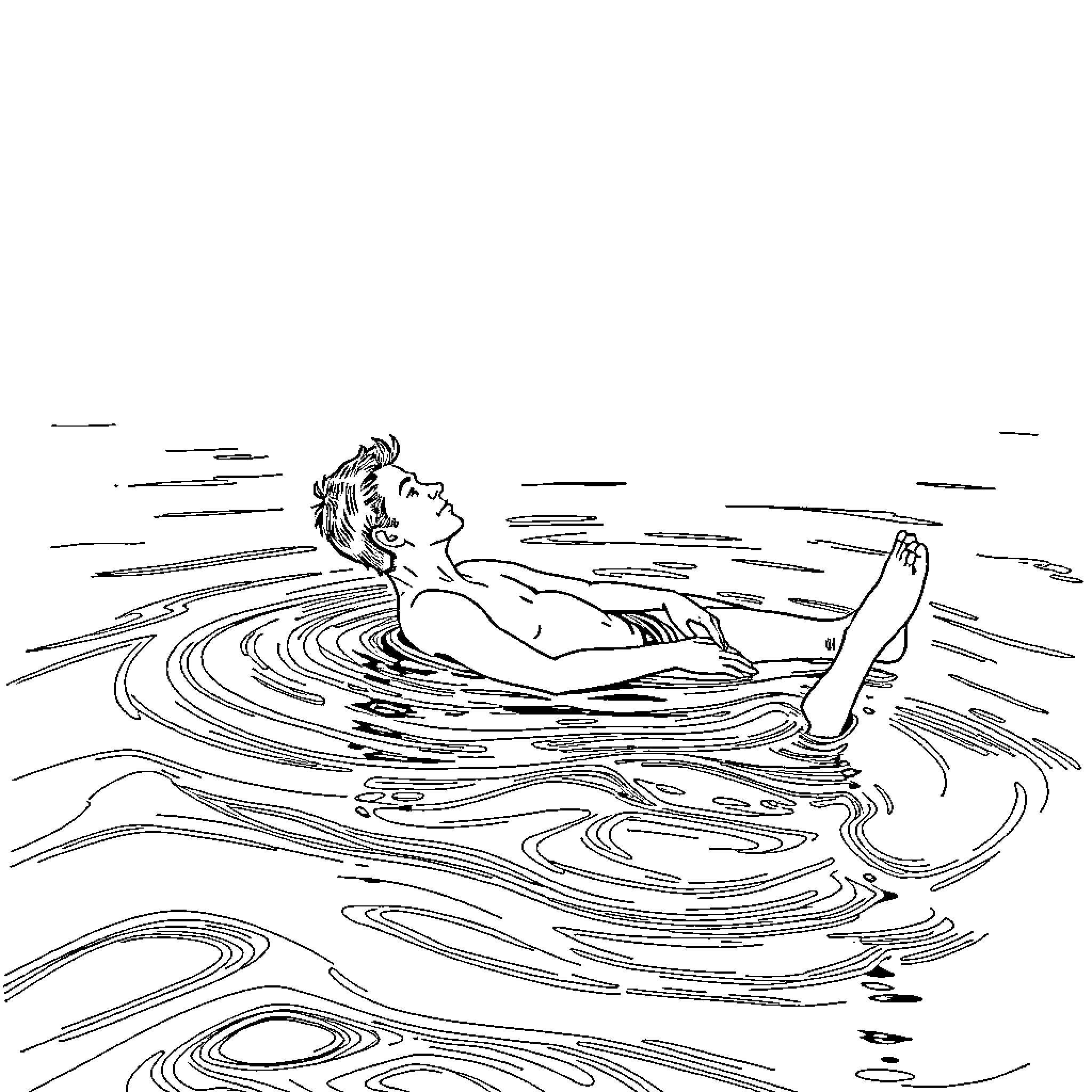 Swimming Person Relaxing in Peaceful Waters Coloring Page (free black-and-white line drawing printable PDF for all, from beginners to advanced learners, including children, teens, adults, and seniors)