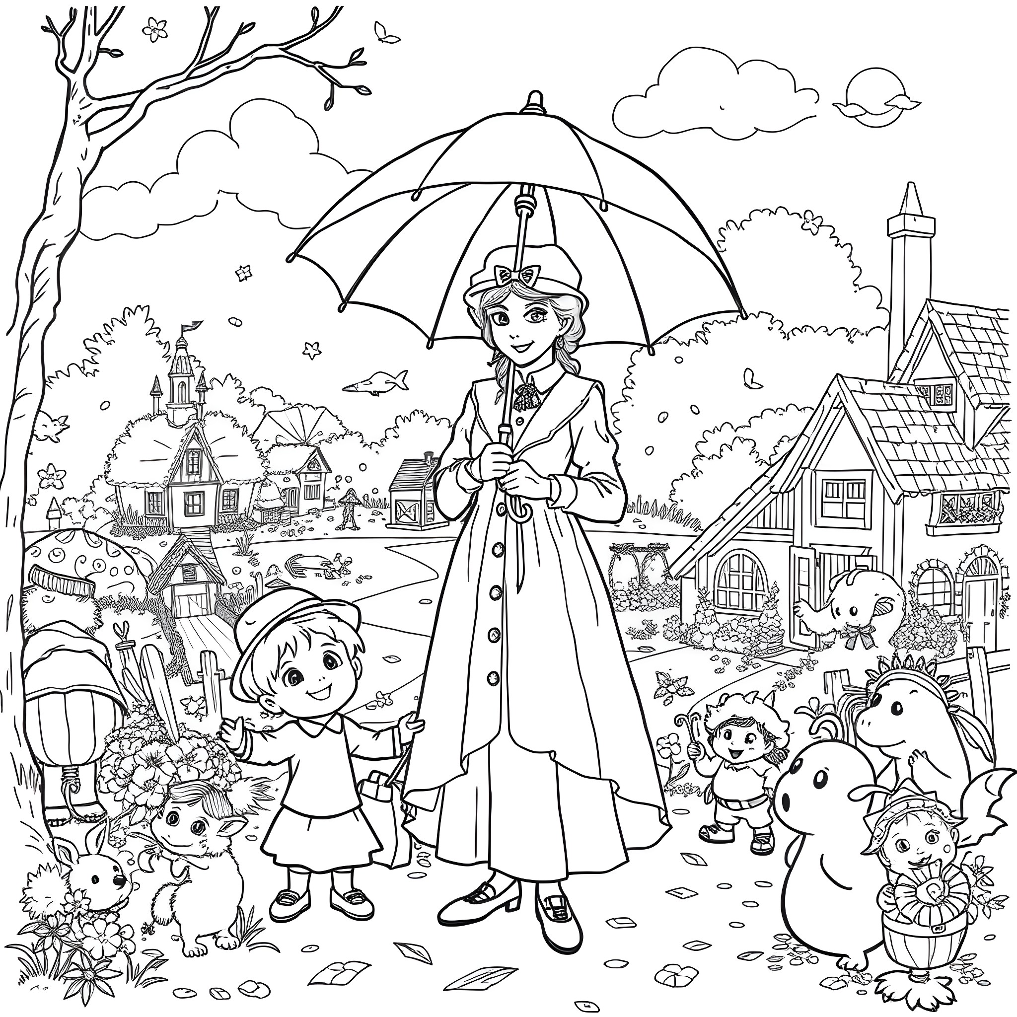 Nanny McPhee in a Whimsical Village Scene Coloring Page (free black-and-white line drawing printable PDF for all, from beginners to advanced learners, including children, teens, adults, and seniors)