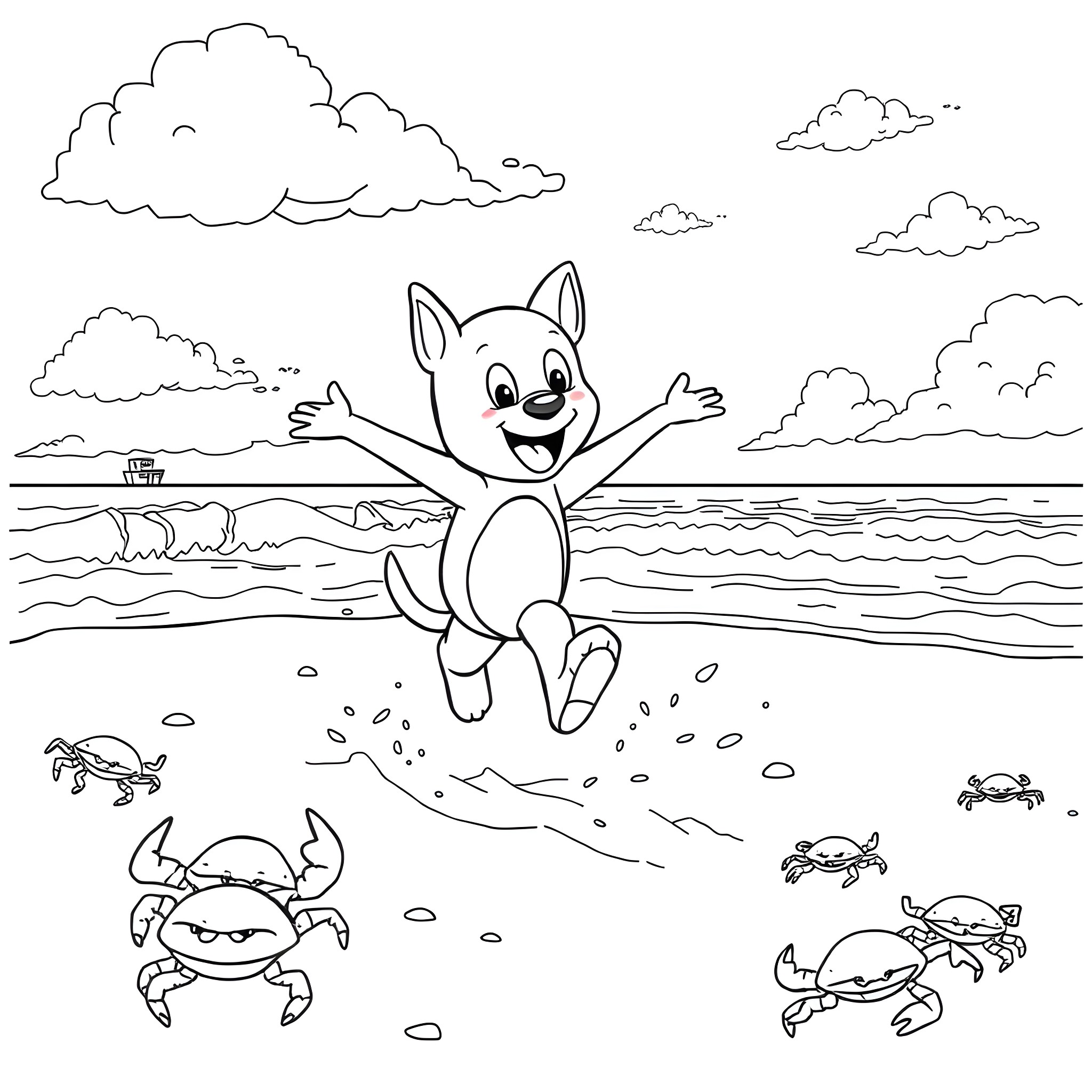 Bluey playing joyfully on the beach with sea creatures Coloring Page (free black-and-white line drawing printable PDF for all, from beginners to advanced learners, including children, teens, adults, and seniors)