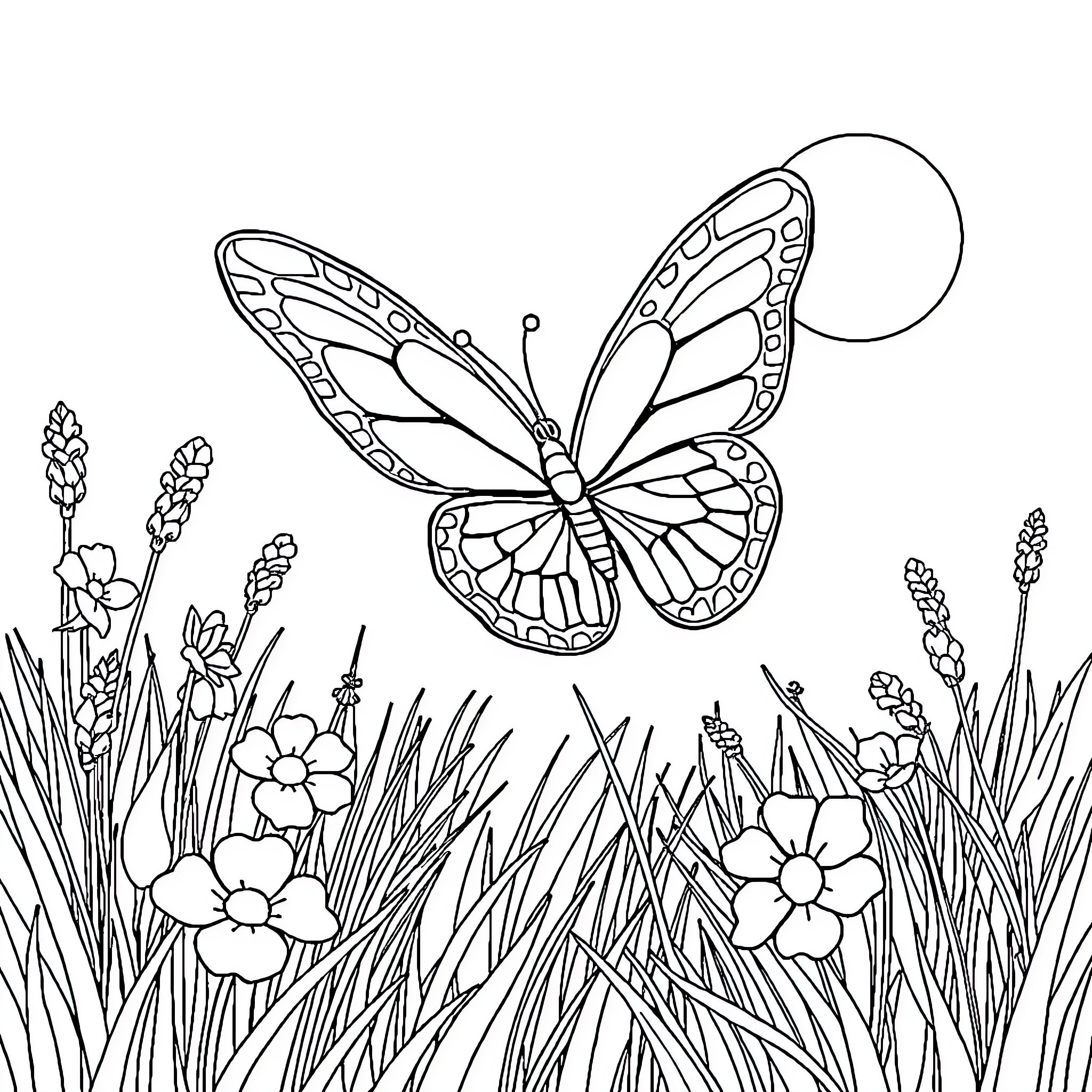 Papillon flying over a floral garden Coloring Page (free black-and-white line drawing printable PDF for all, from beginners to advanced learners, including children, teens, adults, and seniors)