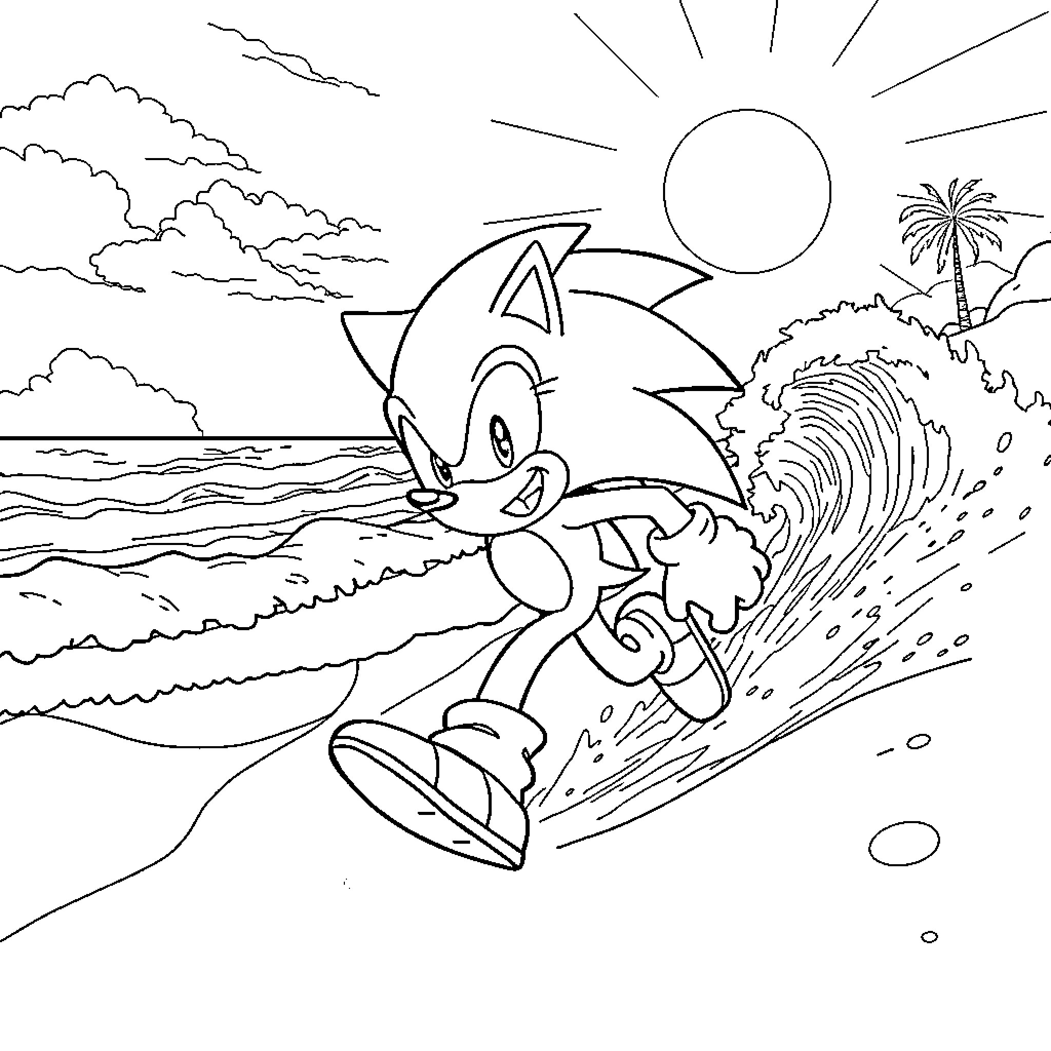 Sonic surfing on a wave by the beach Coloring Page (free black-and-white line drawing printable PDF for all, from beginners to advanced learners, including children, teens, adults, and seniors)