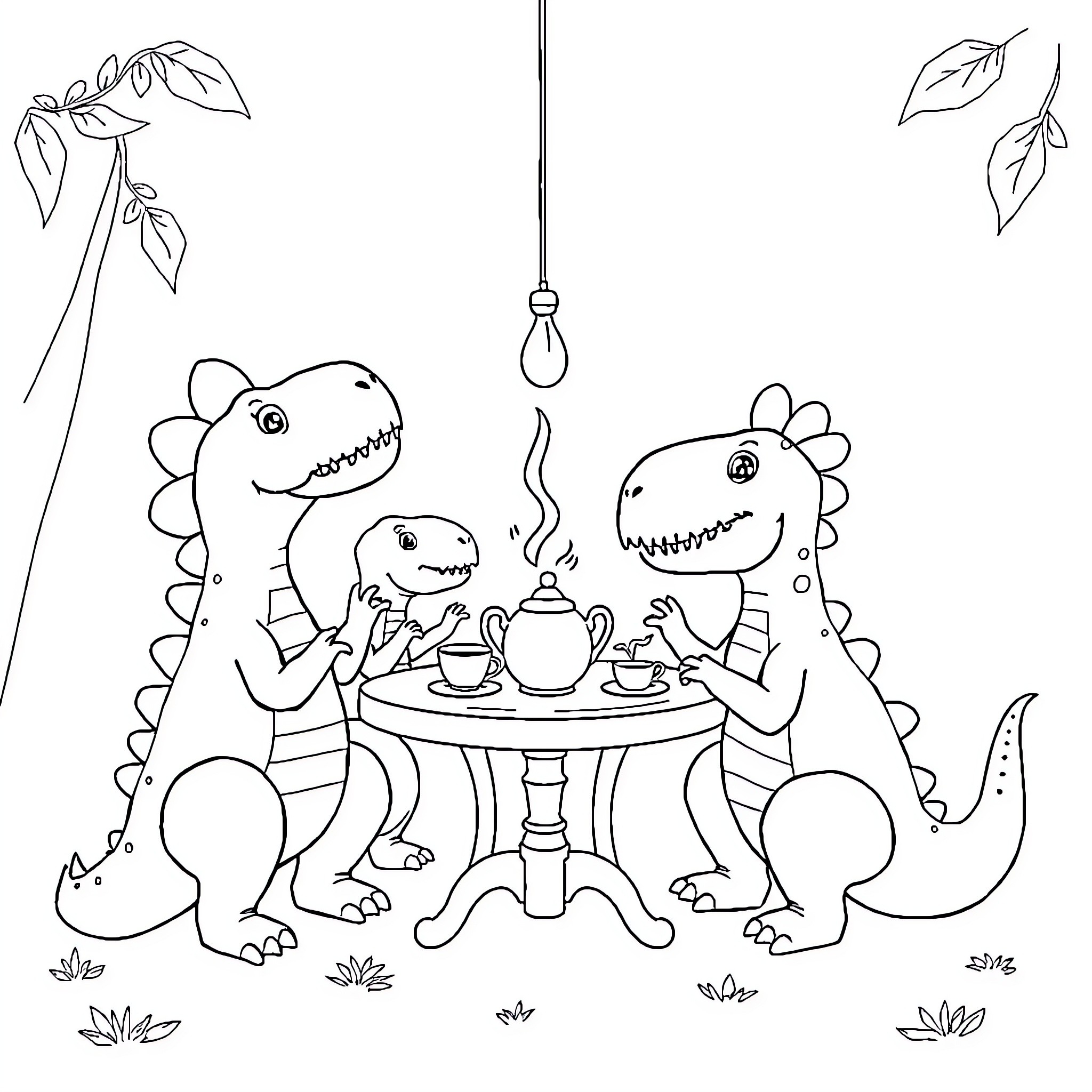 Dinosaurs Enjoying a Friendly Tea Party Coloring Page (free black-and-white line drawing printable PDF for all, from beginners to advanced learners, including children, teens, adults, and seniors)