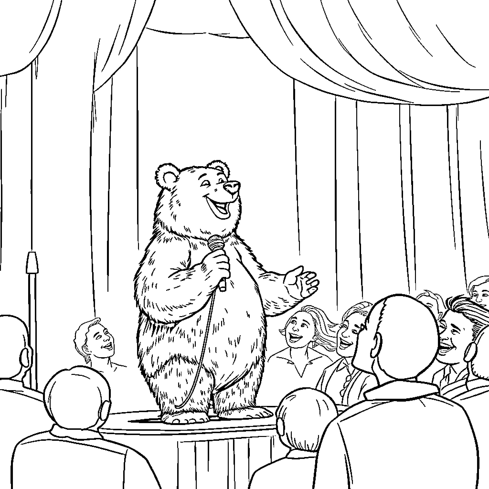 Bear Performing on Stage for Audience Coloring Page (free black-and-white line drawing printable PDF for all, from beginners to advanced learners, including children, teens, adults, and seniors)