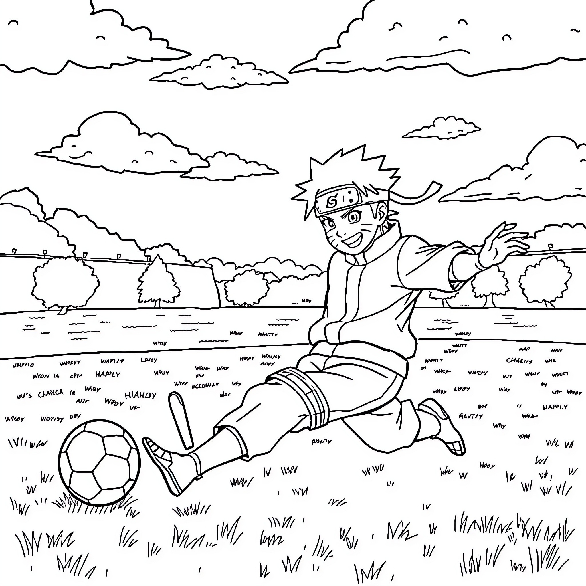 Naruto playing soccer in the outdoor field Coloring Page (free black-and-white line drawing printable PDF for all, from beginners to advanced learners, including children, teens, adults, and seniors)