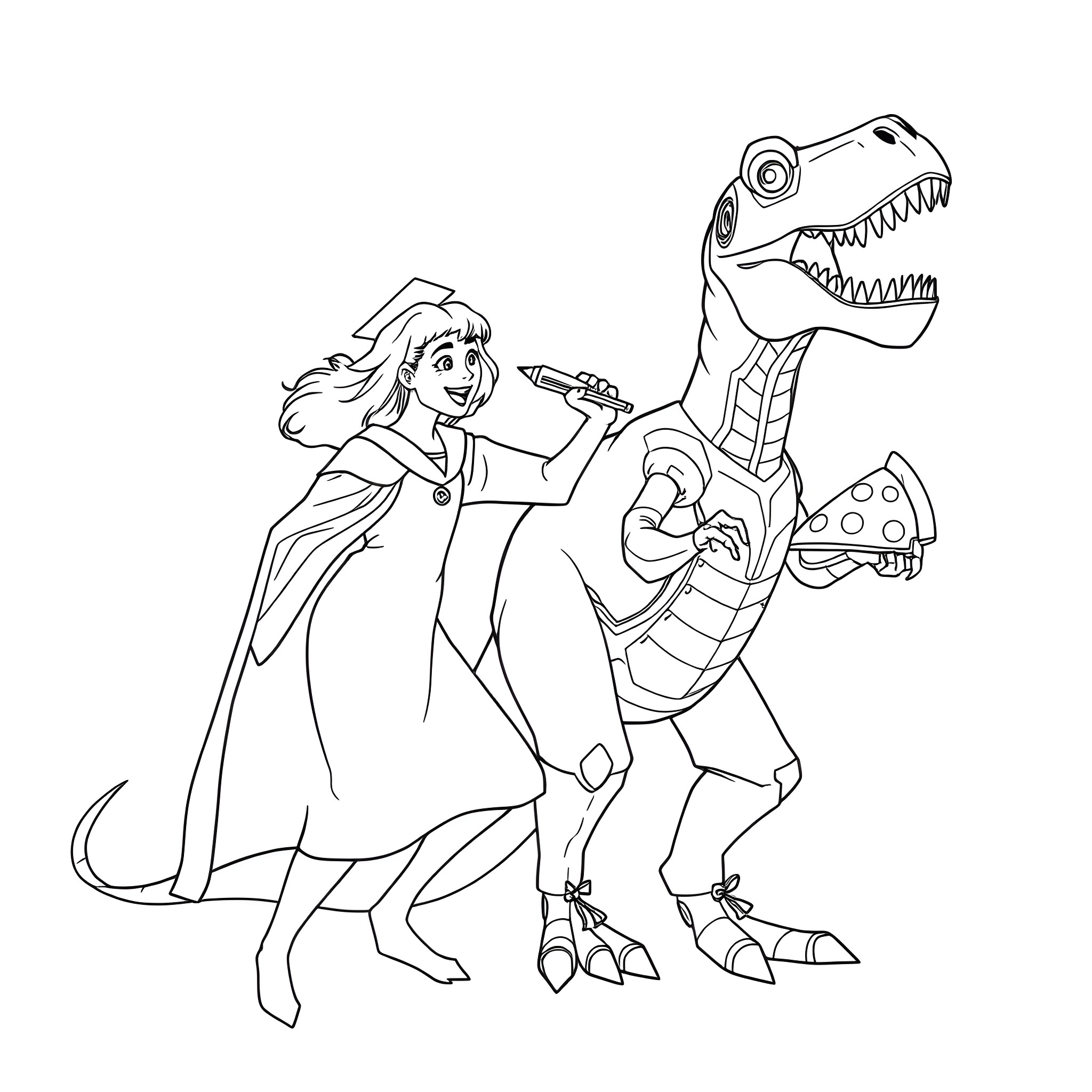 Graduate Exploring with Dinosaur Companion Coloring Page (free black-and-white line drawing printable PDF for all, from beginners to advanced learners, including children, teens, adults, and seniors)