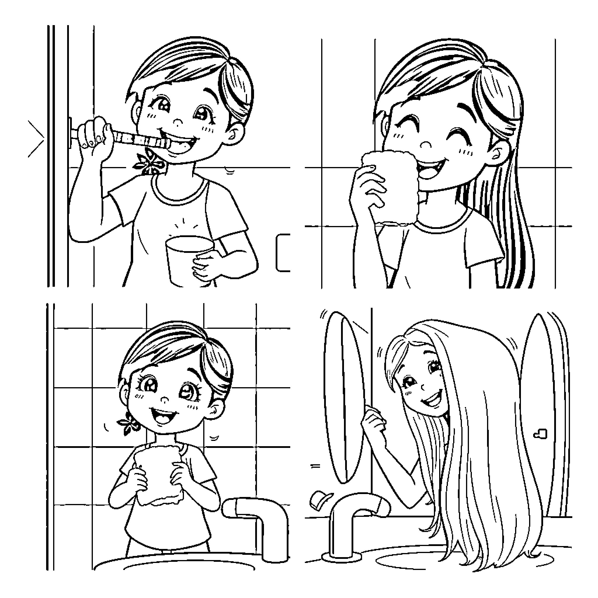 Child Characters Engaging in Everyday Activities Coloring Page (free black-and-white line drawing printable PDF for all, from beginners to advanced learners, including children, teens, adults, and seniors)
