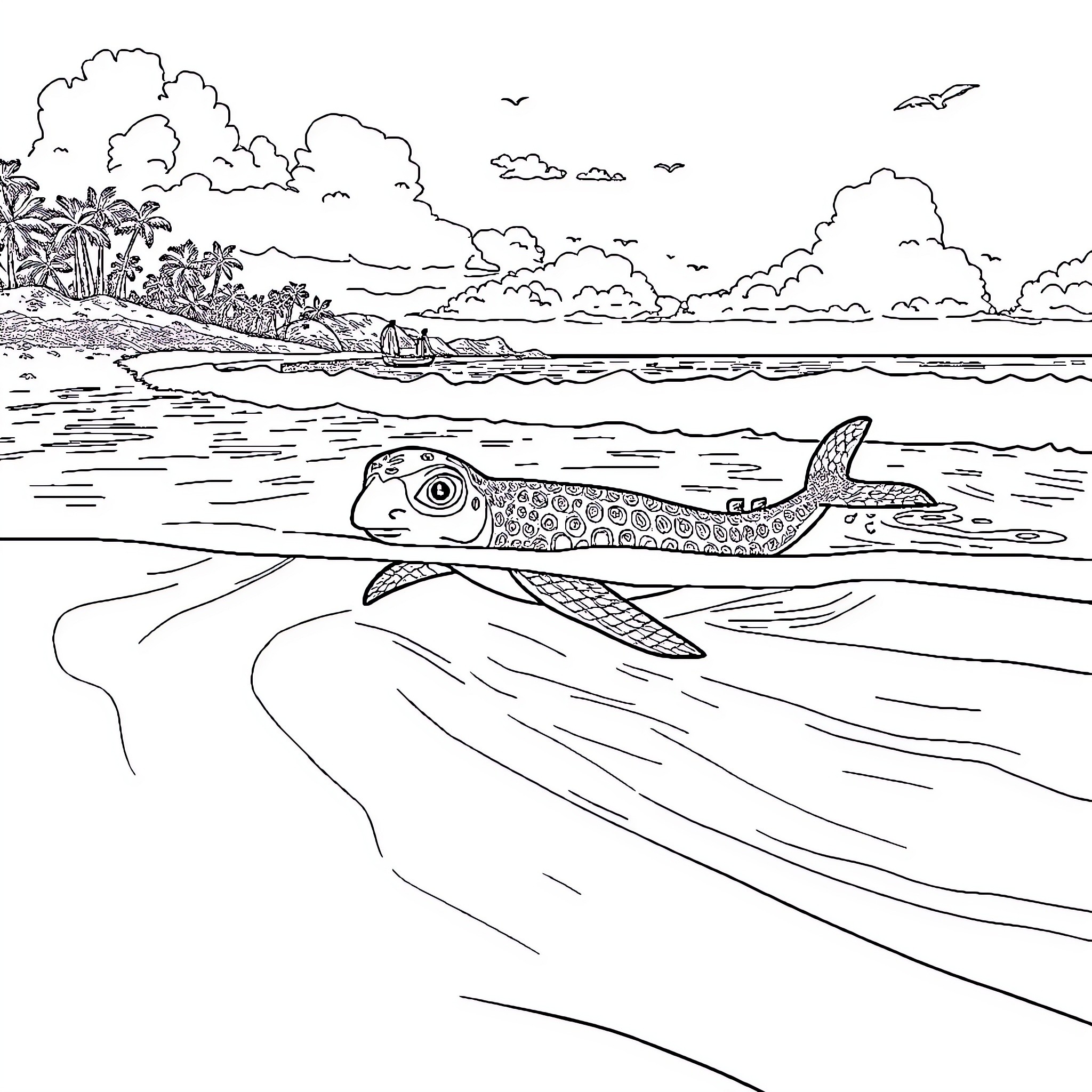Axolotl swimming gracefully in the ocean landscape Coloring Page (free black-and-white line drawing printable PDF for all, from beginners to advanced learners, including children, teens, adults, and seniors)