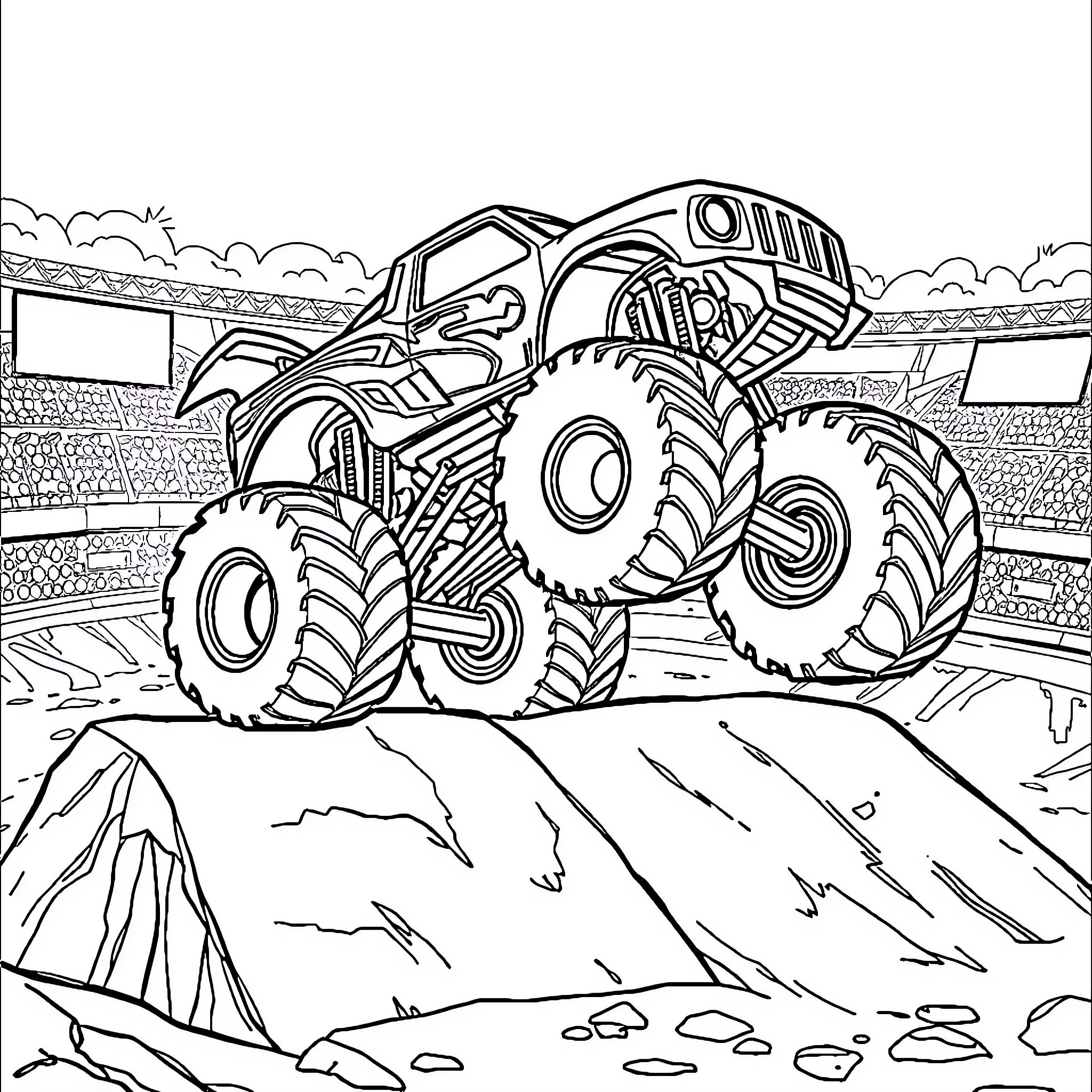 Truck performing stunts in monster truck arena Coloring Page (free black-and-white line drawing printable PDF for all, from beginners to advanced learners, including children, teens, adults, and seniors)
