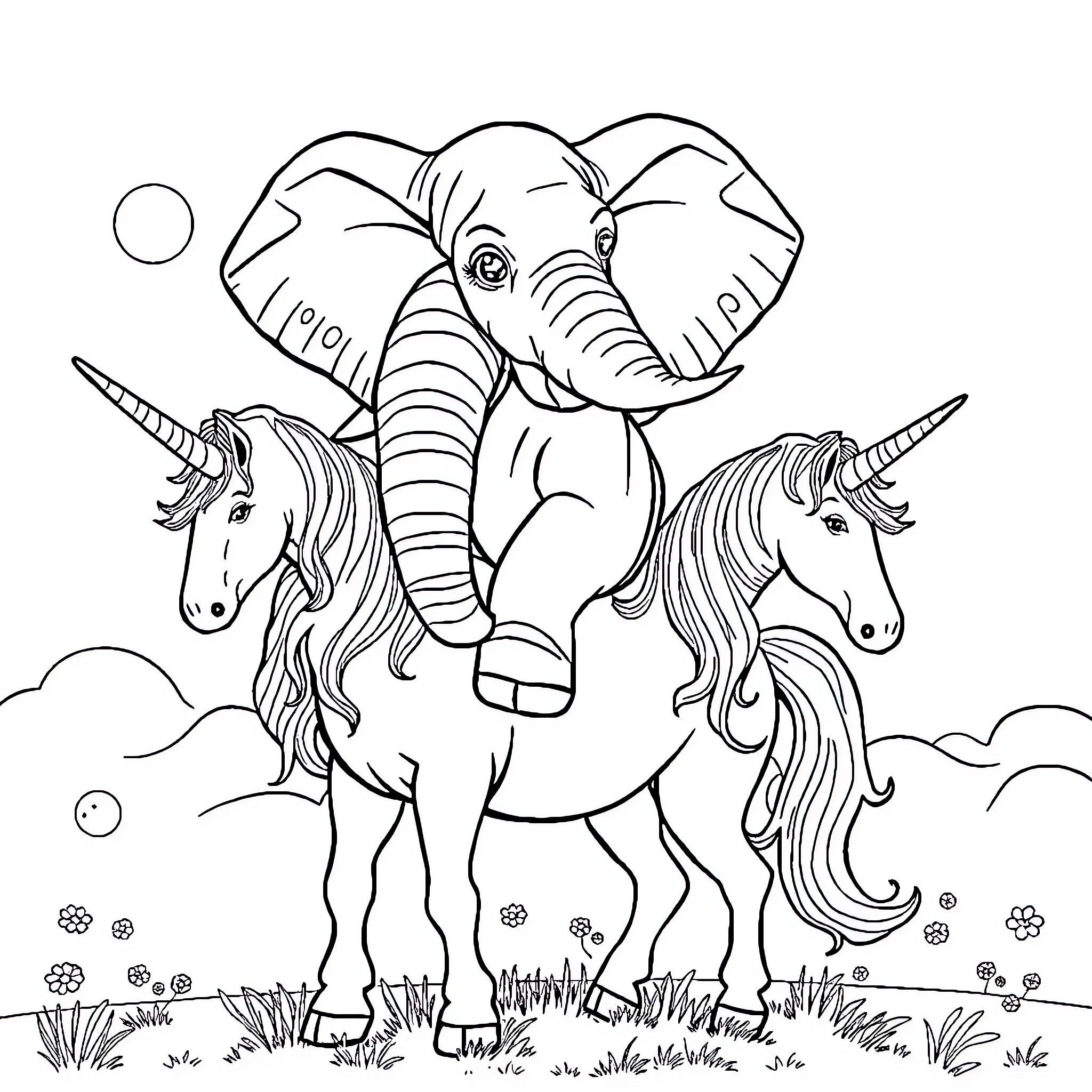 Elephant riding magical unicorns in enchanted meadow Coloring Page (free black-and-white line drawing printable PDF for all, from beginners to advanced learners, including children, teens, adults, and seniors)