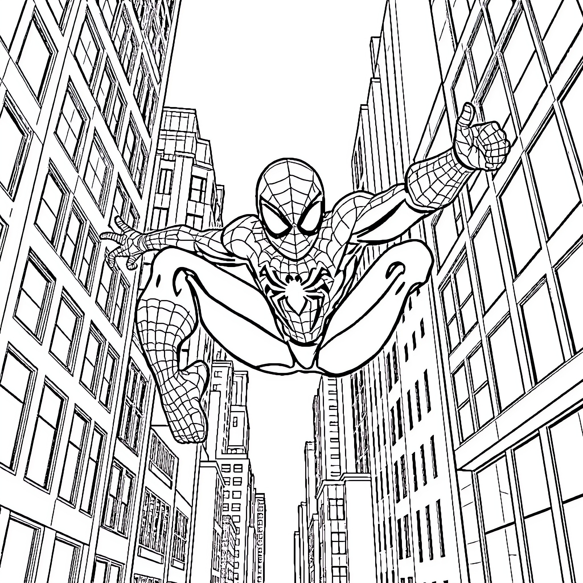 Spiderman swinging through the city skyline Coloring Page (free black-and-white line drawing printable PDF for all, from beginners to advanced learners, including children, teens, adults, and seniors)