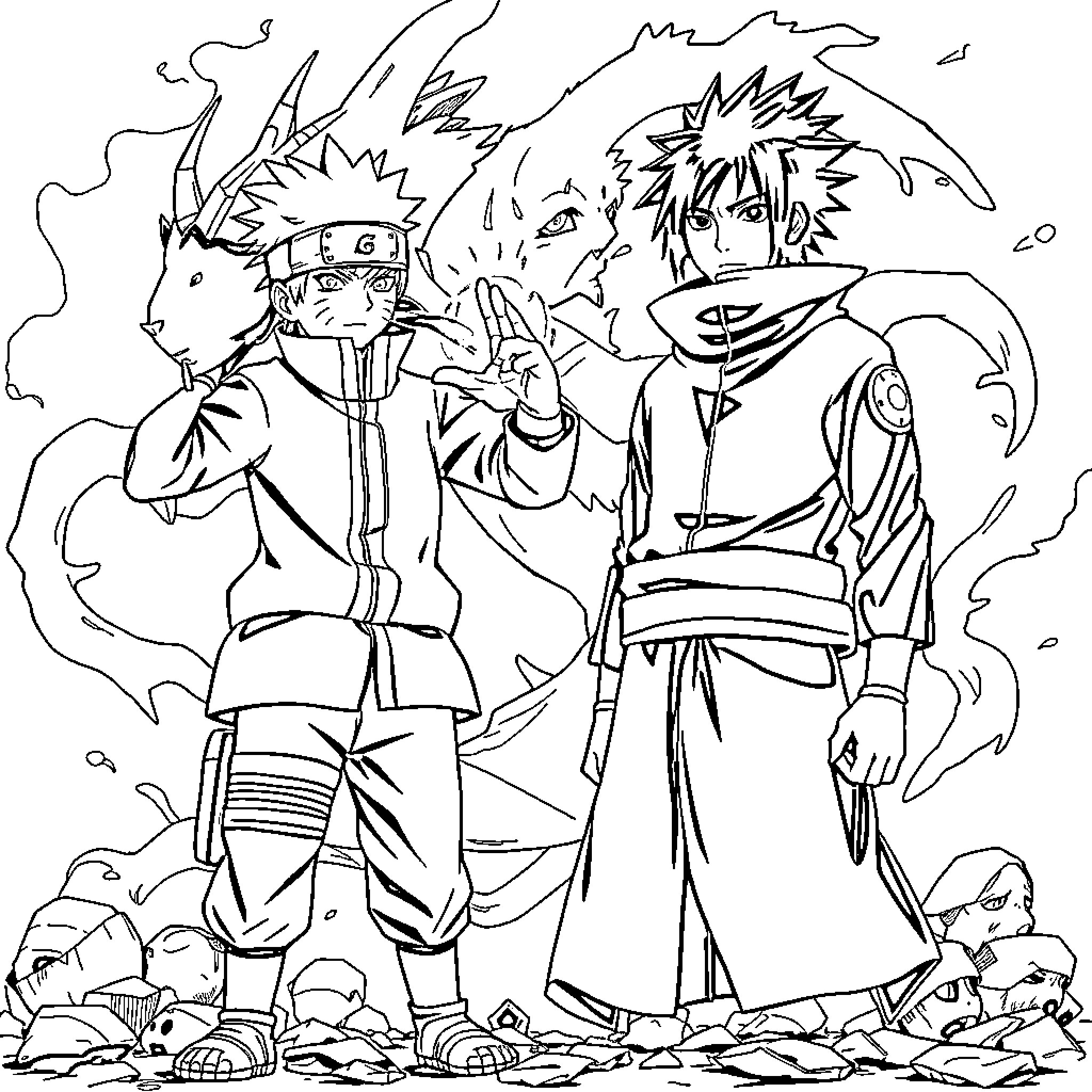 Naruto characters in action poses and ninja outfits Coloring Page (free black-and-white line drawing printable PDF for all, from beginners to advanced learners, including children, teens, adults, and seniors)