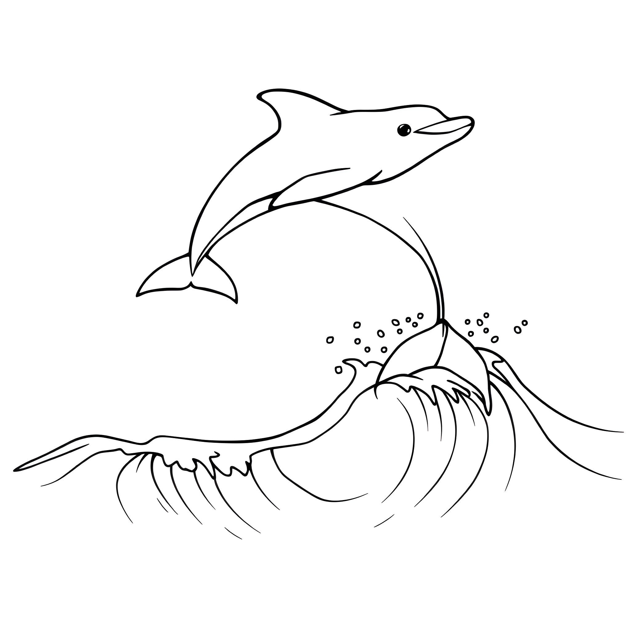 Dolphin jumping over waves Coloring Page (free black-and-white line drawing printable PDF for all, from beginners to advanced learners, including children, teens, adults, and seniors)