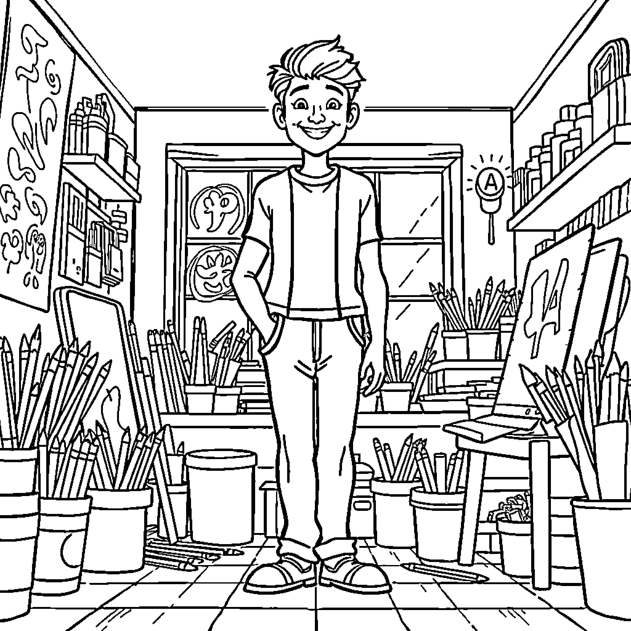 Benet's Busy Art Studio Coloring Page (free black-and-white line drawing printable PDF for all, from beginners to advanced learners, including children, teens, adults, and seniors)