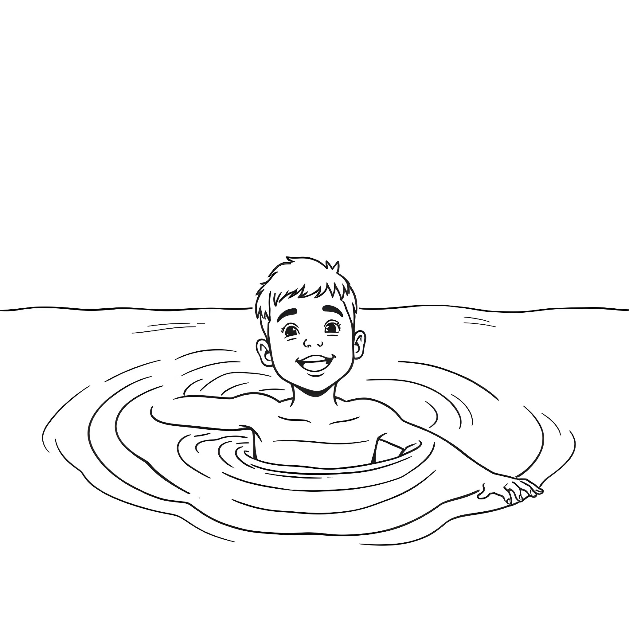 Boy enjoying a swim in the water Coloring Page (free black-and-white line drawing printable PDF for all, from beginners to advanced learners, including children, teens, adults, and seniors)