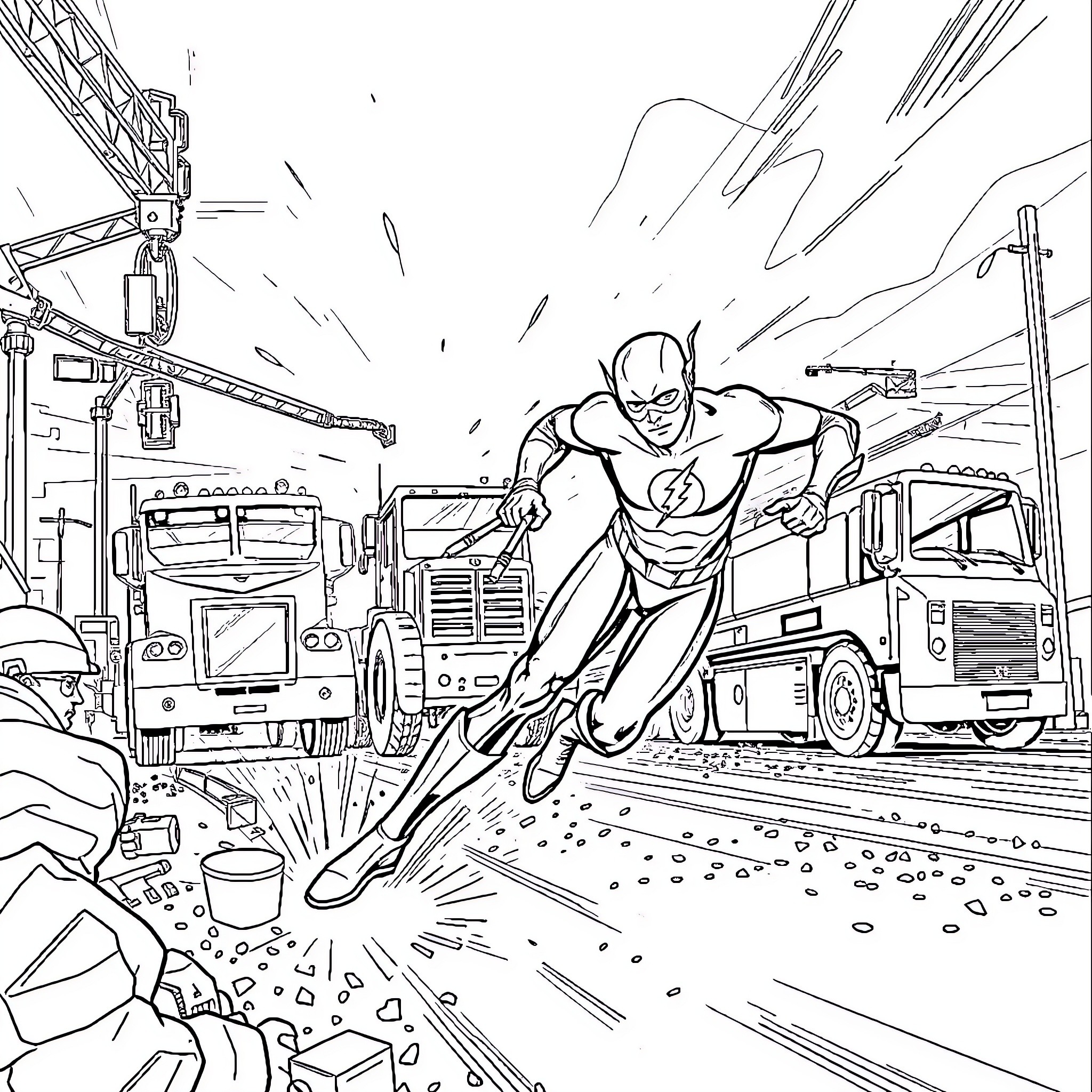 Flash Racing Through Chaotic City Scene Coloring Page (free black-and-white line drawing printable PDF for all, from beginners to advanced learners, including children, teens, adults, and seniors)