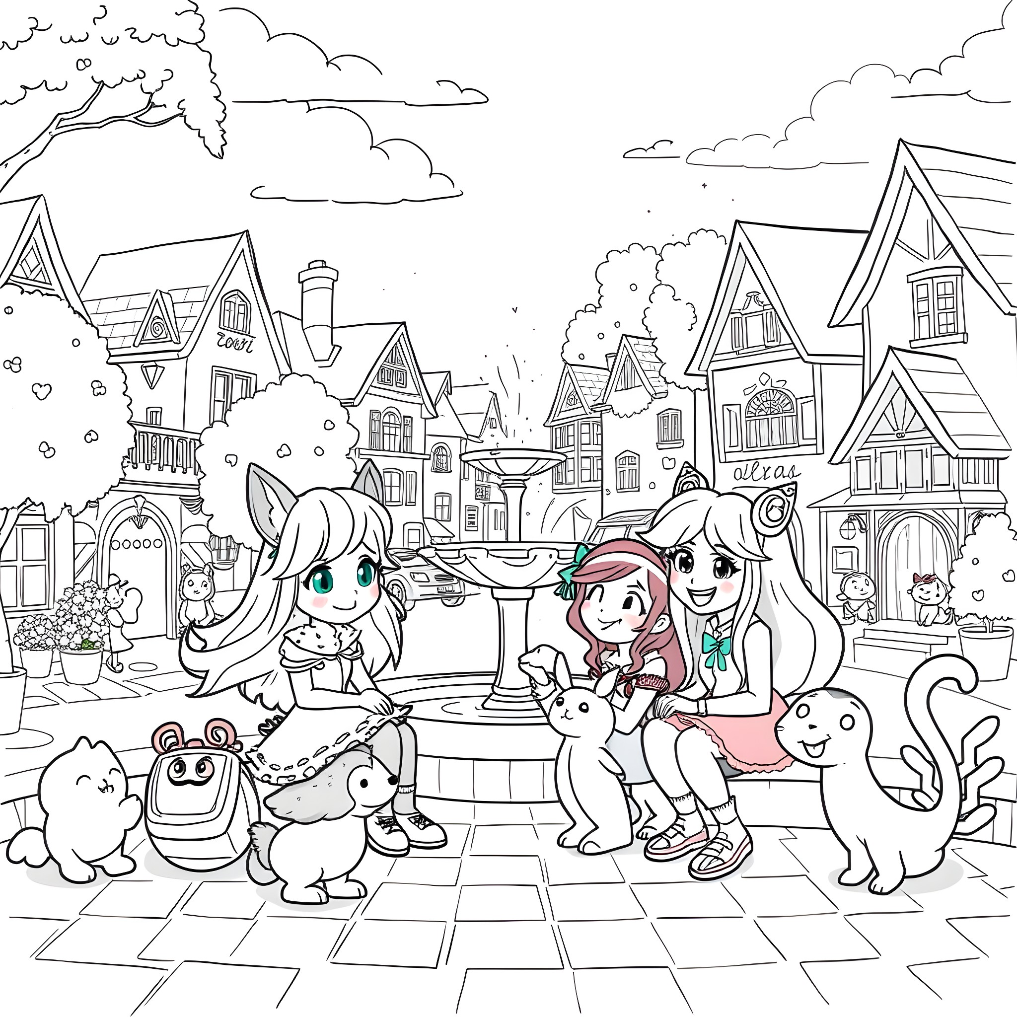 Aphmau and friends explore the whimsical town Coloring Page (free black-and-white line drawing printable PDF for all, from beginners to advanced learners, including children, teens, adults, and seniors)