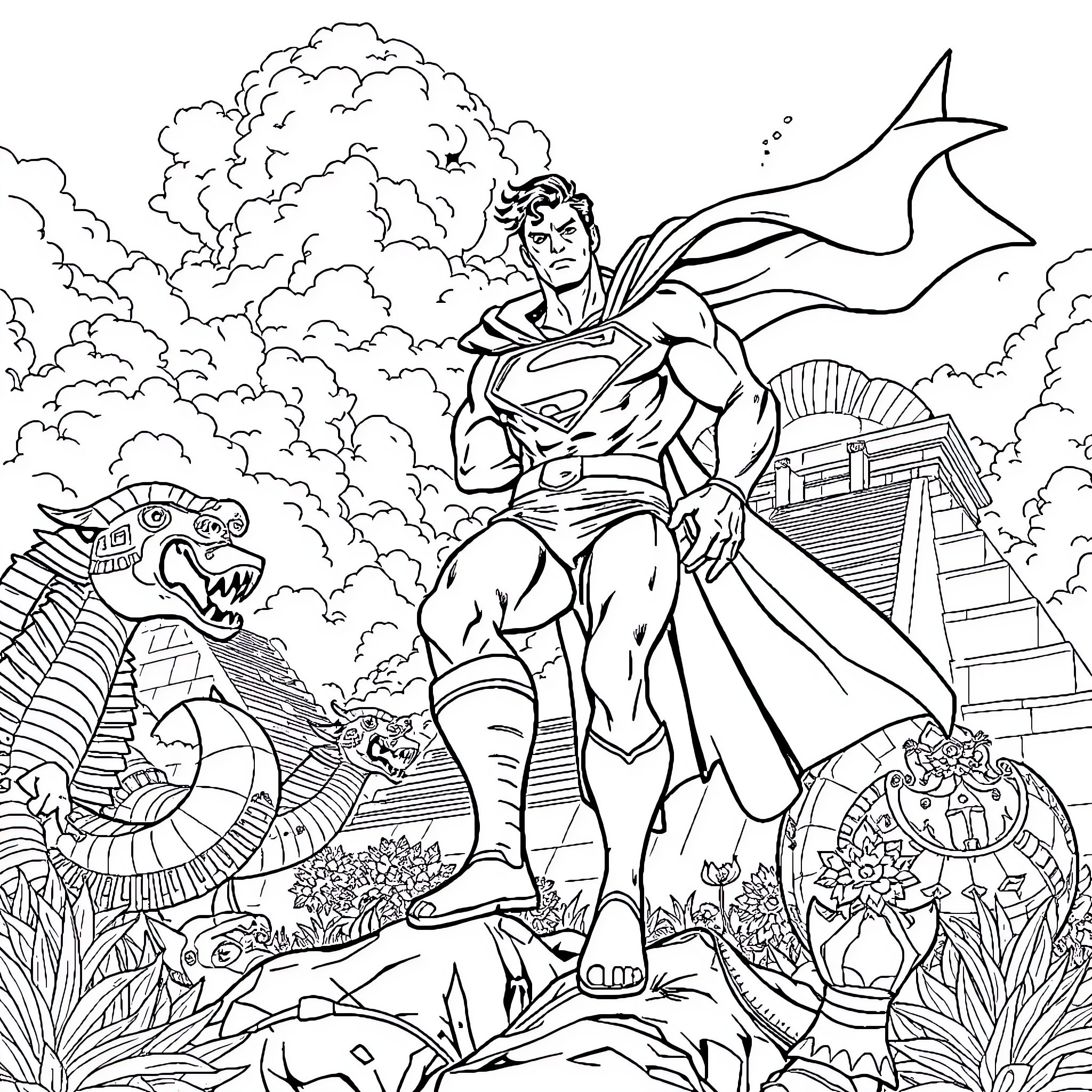 Superman battles mythical creatures in ancient ruins Coloring Page (free black-and-white line drawing printable PDF for all, from beginners to advanced learners, including children, teens, adults, and seniors)