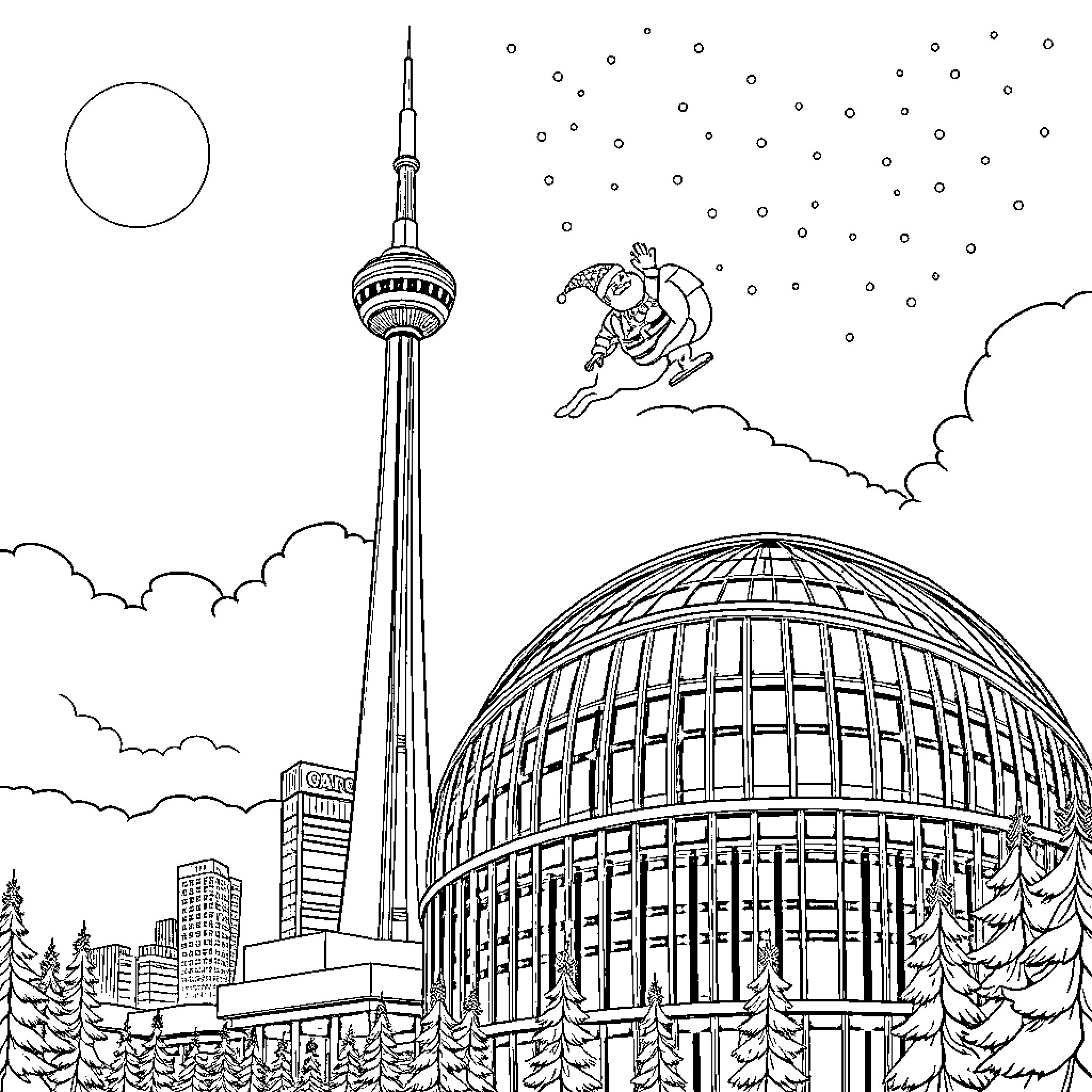 Santa soaring through the night over Toronto skyline Coloring Page (free black-and-white line drawing printable PDF for all, from beginners to advanced learners, including children, teens, adults, and seniors)