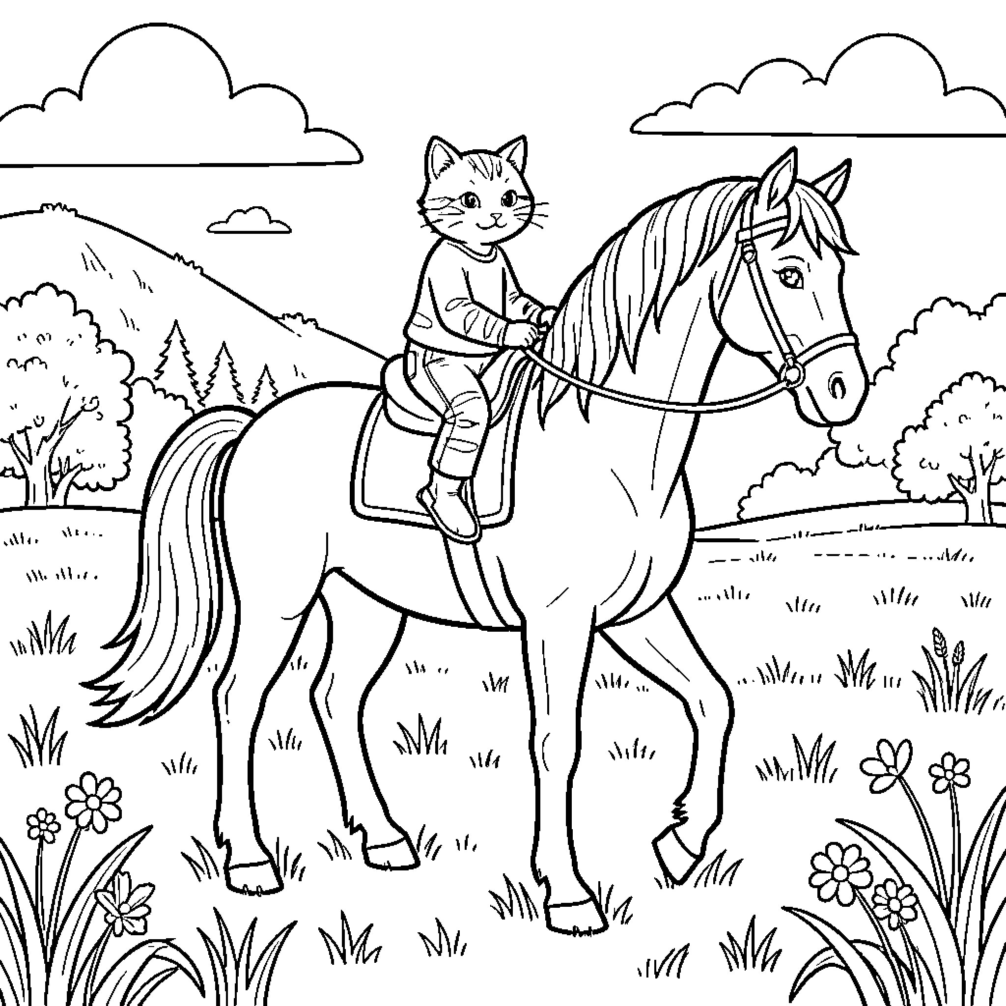 Cat riding horse through countryside Coloring Page (free black-and-white line drawing printable PDF for all, from beginners to advanced learners, including children, teens, adults, and seniors)