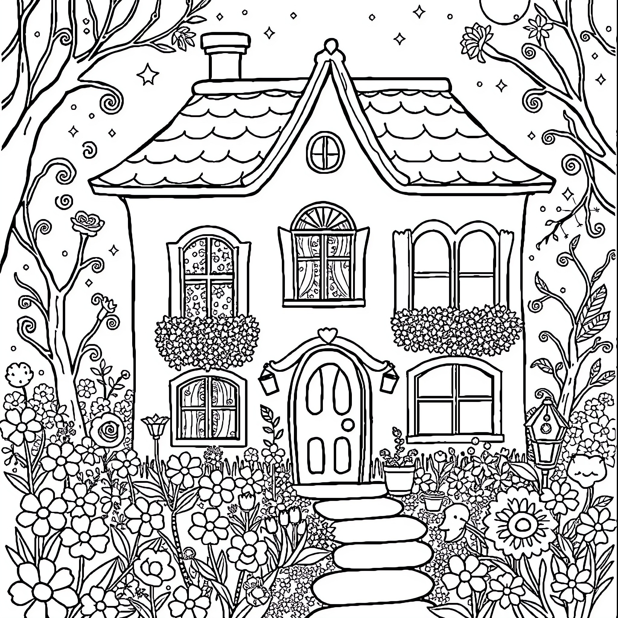 Fairy House with Enchanting Details Coloring Page (free black-and-white line drawing printable PDF for all, from beginners to advanced learners, including children, teens, adults, and seniors)