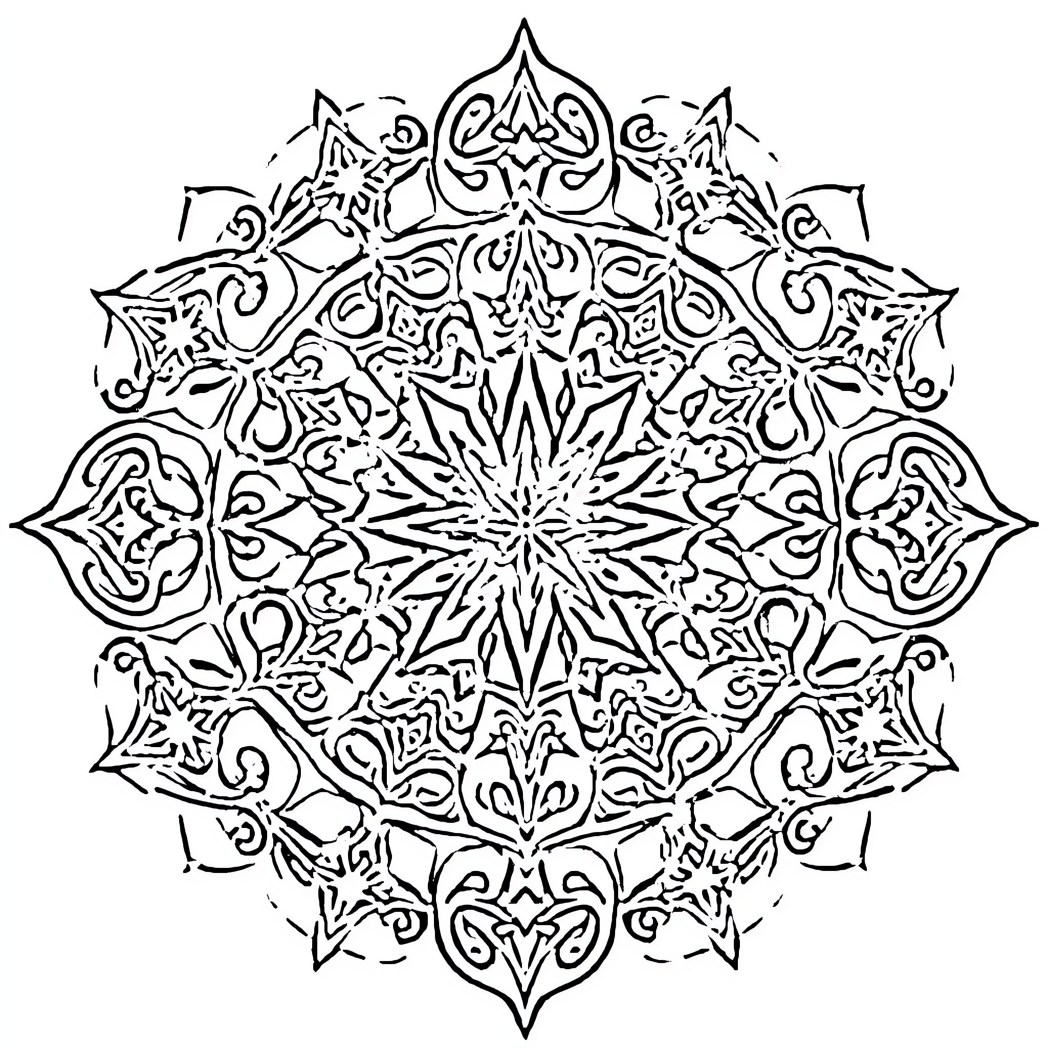 Mandala of intricate symmetrical patterns Coloring Page (free black-and-white line drawing printable PDF for all, from beginners to advanced learners, including children, teens, adults, and seniors)
