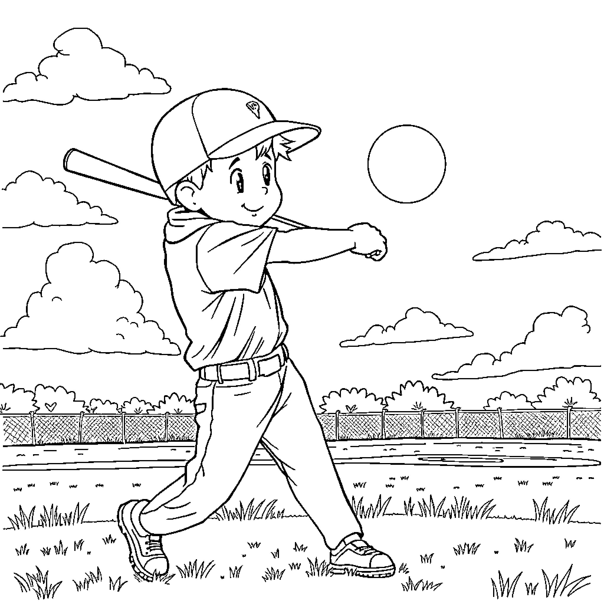 Baseball player in action on the field Coloring Page (free black-and-white line drawing printable PDF for all, from beginners to advanced learners, including children, teens, adults, and seniors)