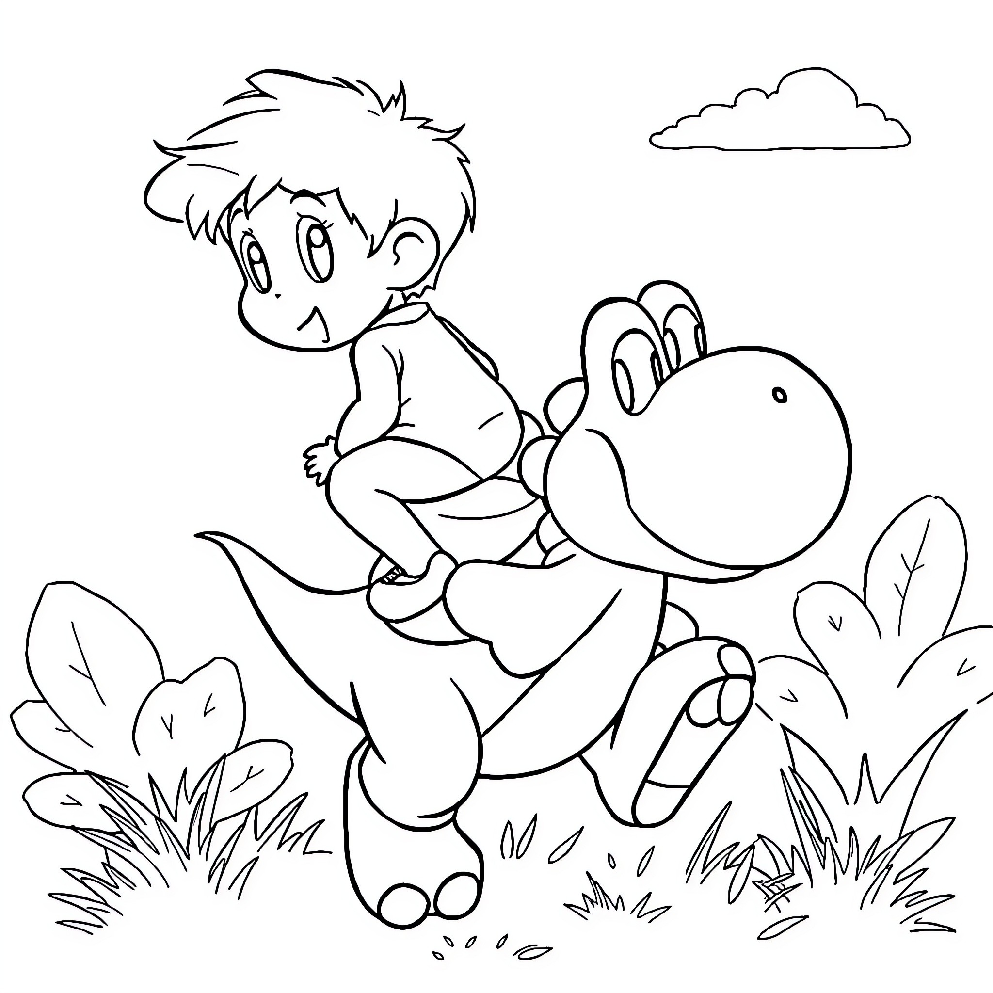 Yoshi and the Playful Adventure Coloring Page (free black-and-white line drawing printable PDF for all, from beginners to advanced learners, including children, teens, adults, and seniors)