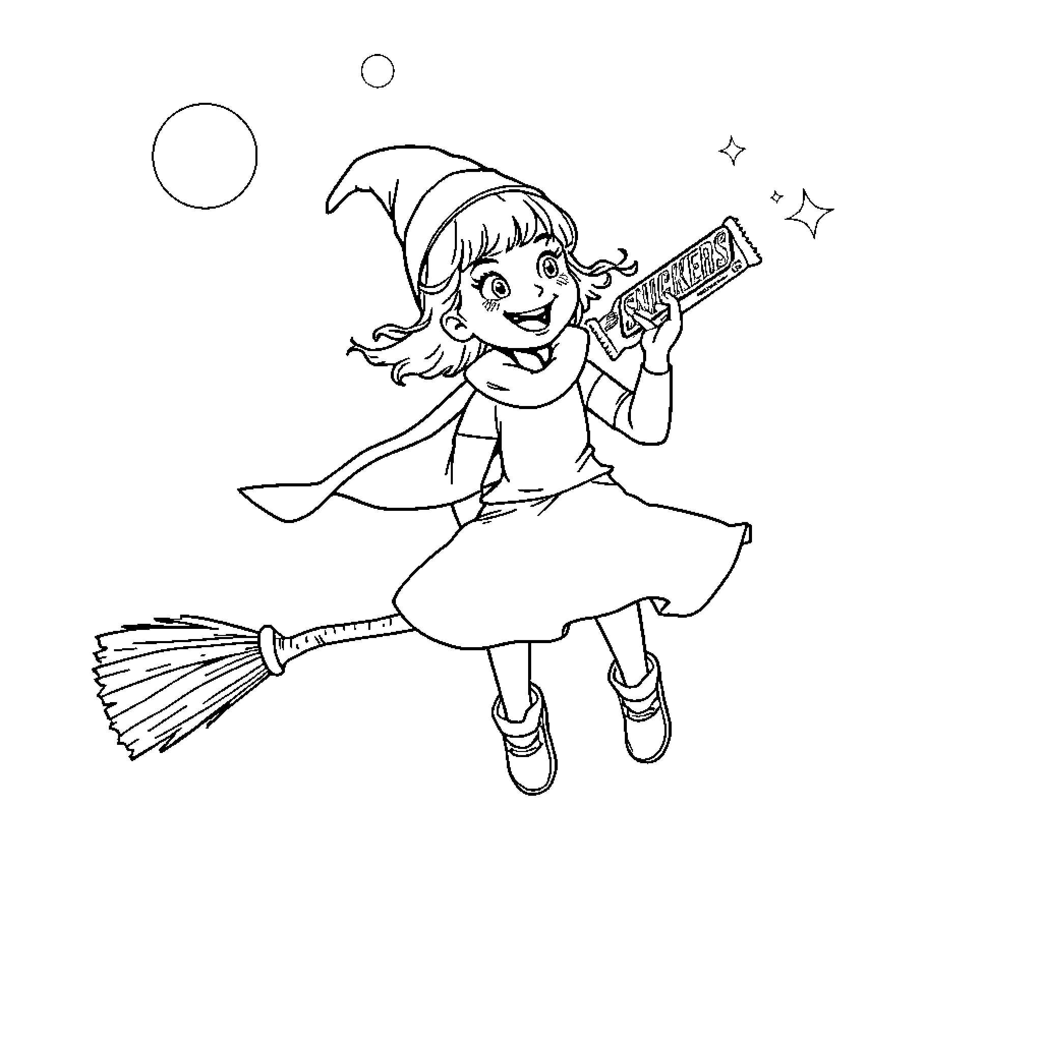 Girl flying on a broomstick with a magic wand Coloring Page (free black-and-white line drawing printable PDF for all, from beginners to advanced learners, including children, teens, adults, and seniors)