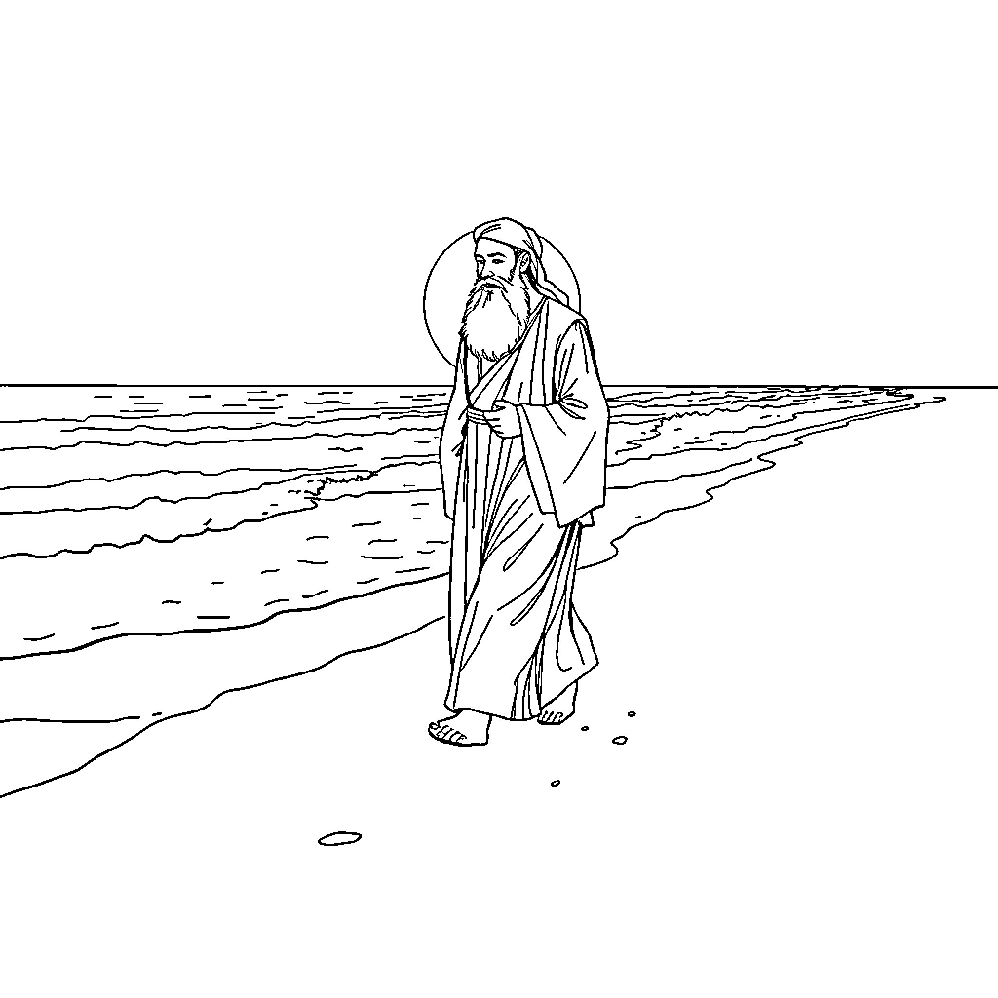 Rumi contemplating the serenity of the sea Coloring Page (free black-and-white line drawing printable PDF for all, from beginners to advanced learners, including children, teens, adults, and seniors)