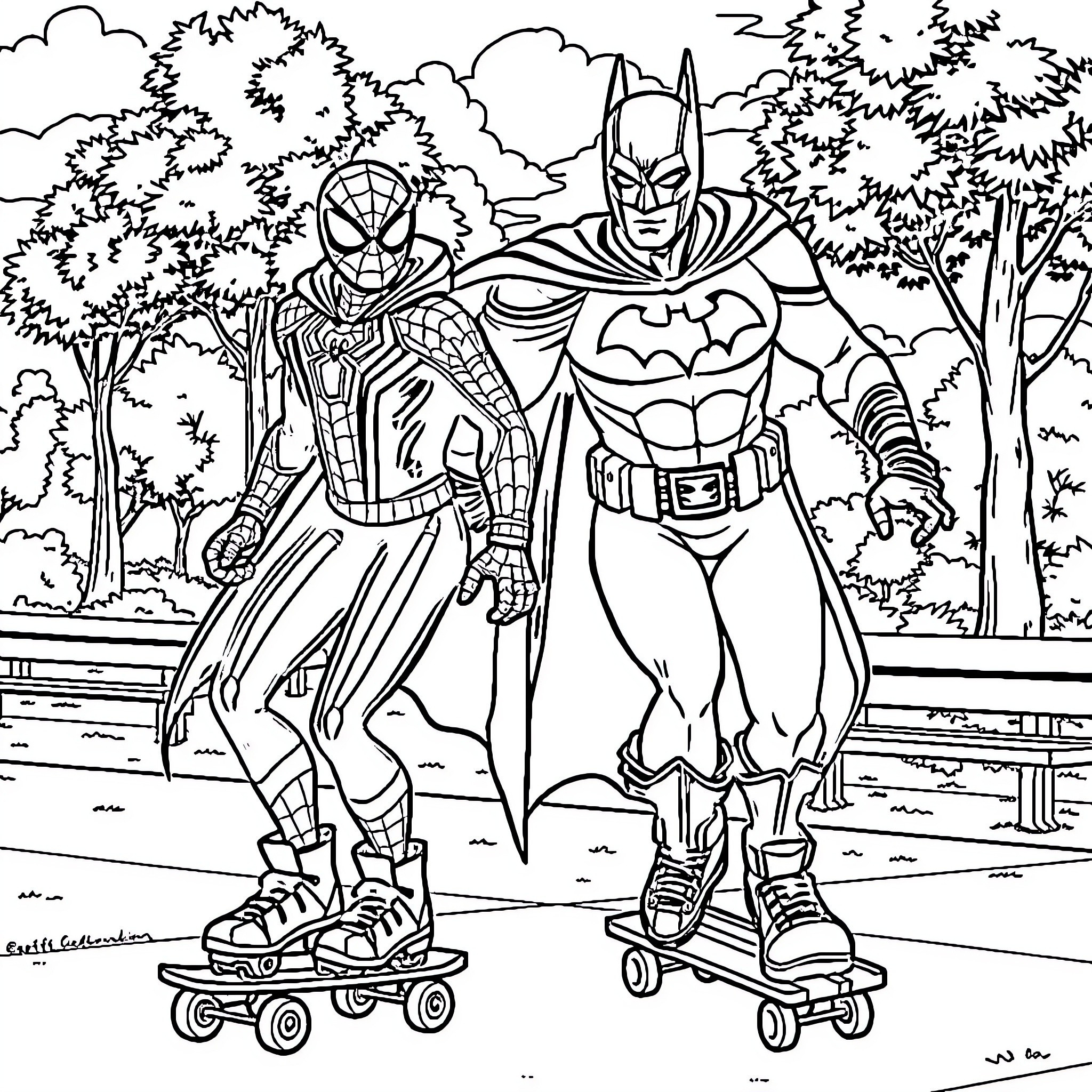Spiderman and Batman on Roller Skates in Park Coloring Page (free black-and-white line drawing printable PDF for all, from beginners to advanced learners, including children, teens, adults, and seniors)