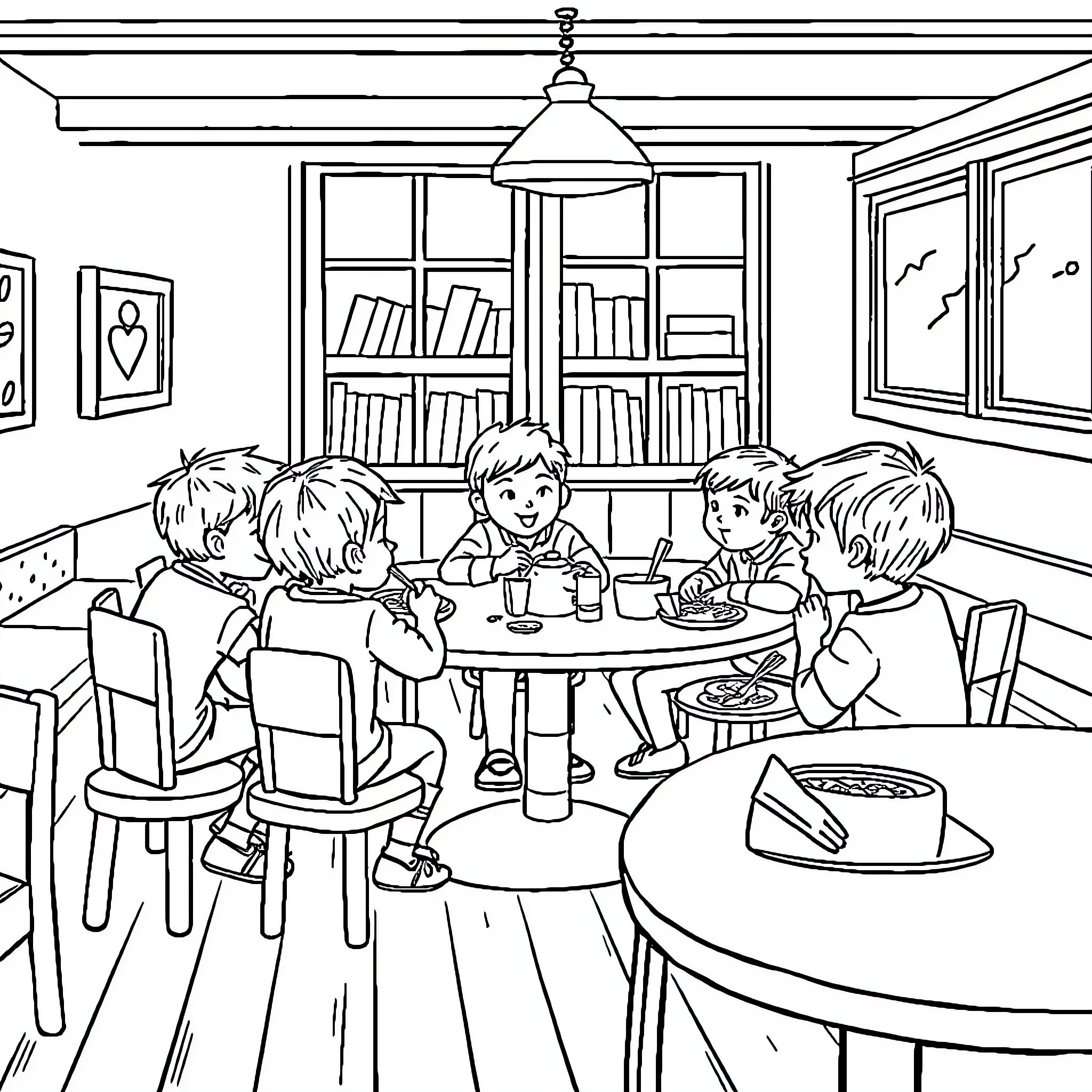 Children enjoying snacks and socializing in a cozy indoor setting Coloring Page (free black-and-white line drawing printable PDF for all, from beginners to advanced learners, including children, teens, adults, and seniors)