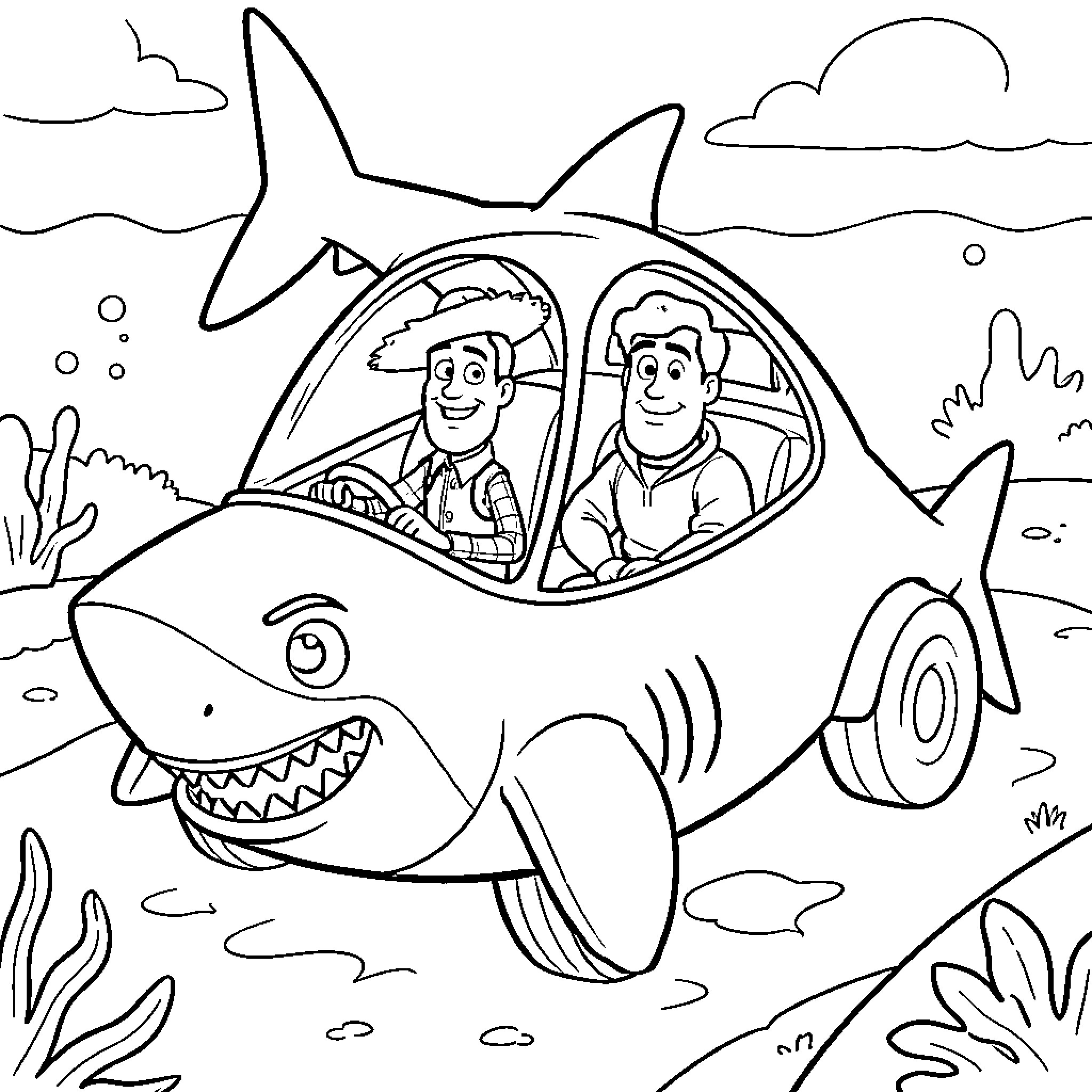 Woody and Buzz driving a shark-shaped vehicle Coloring Page (free black-and-white line drawing printable PDF for all, from beginners to advanced learners, including children, teens, adults, and seniors)