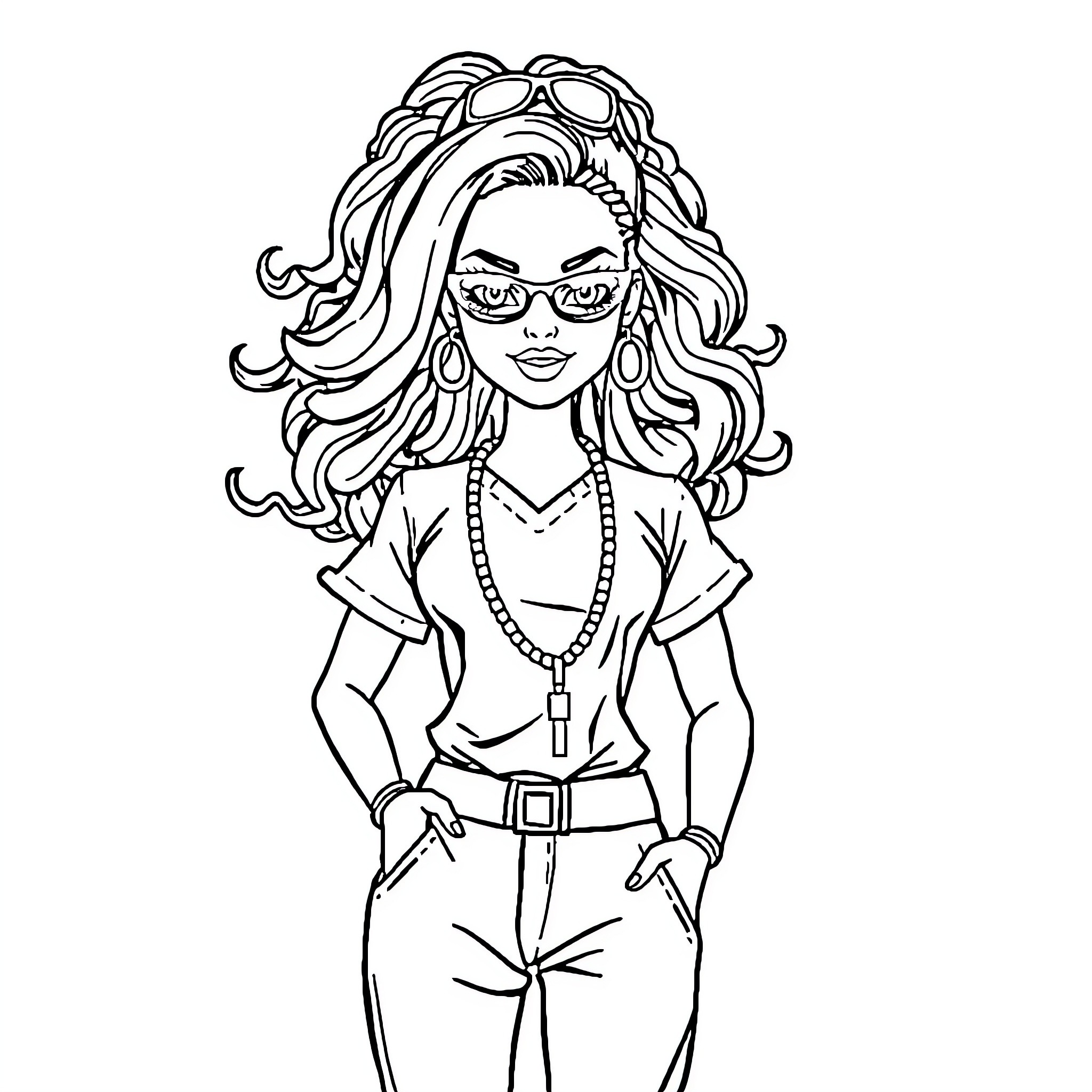 Barbie Posing Stylishly in Casual Outfit Coloring Page (free black-and-white line drawing printable PDF for all, from beginners to advanced learners, including children, teens, adults, and seniors)