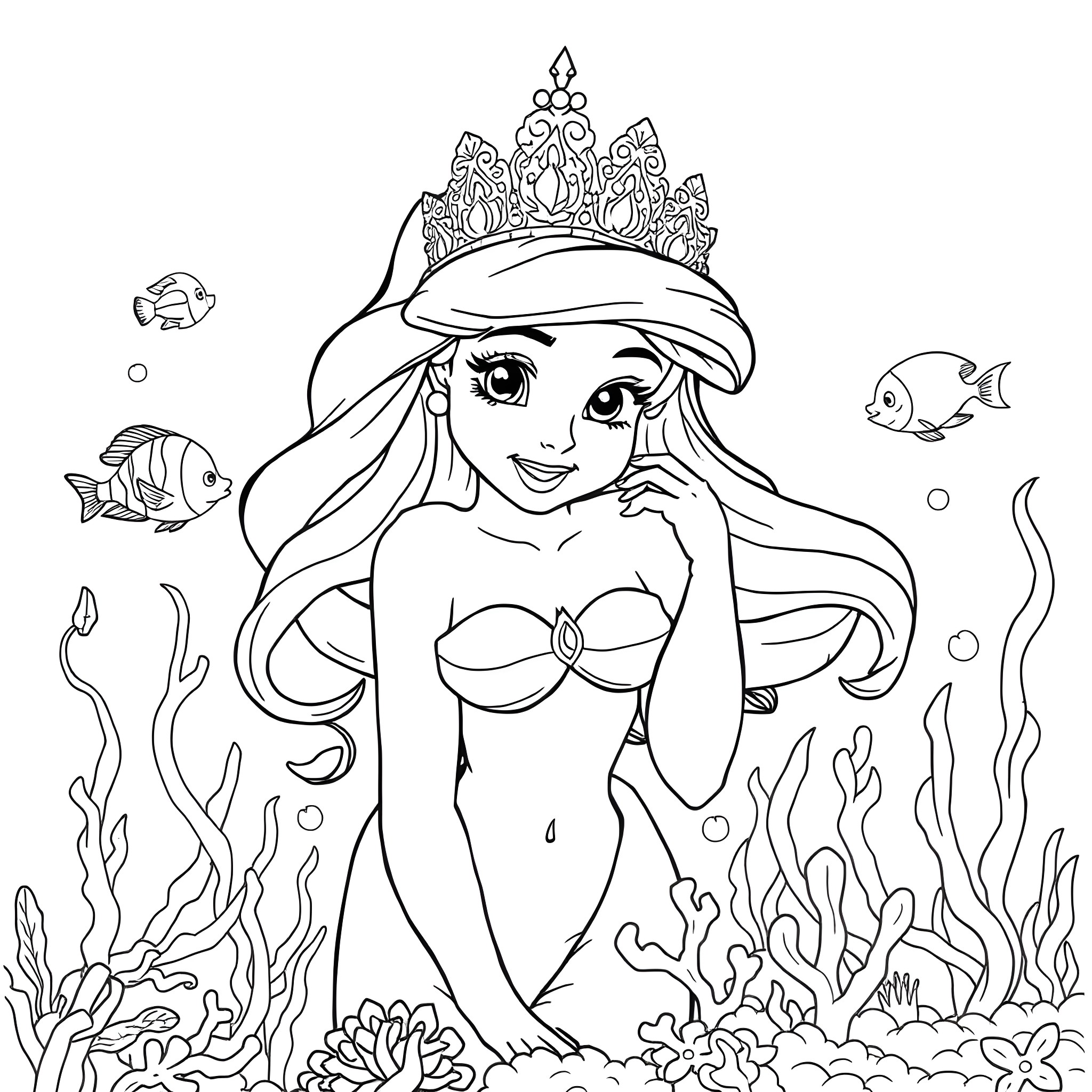Ariel the Mermaid in the Underwater Scene Coloring Page (free black-and-white line drawing printable PDF for all, from beginners to advanced learners, including children, teens, adults, and seniors)