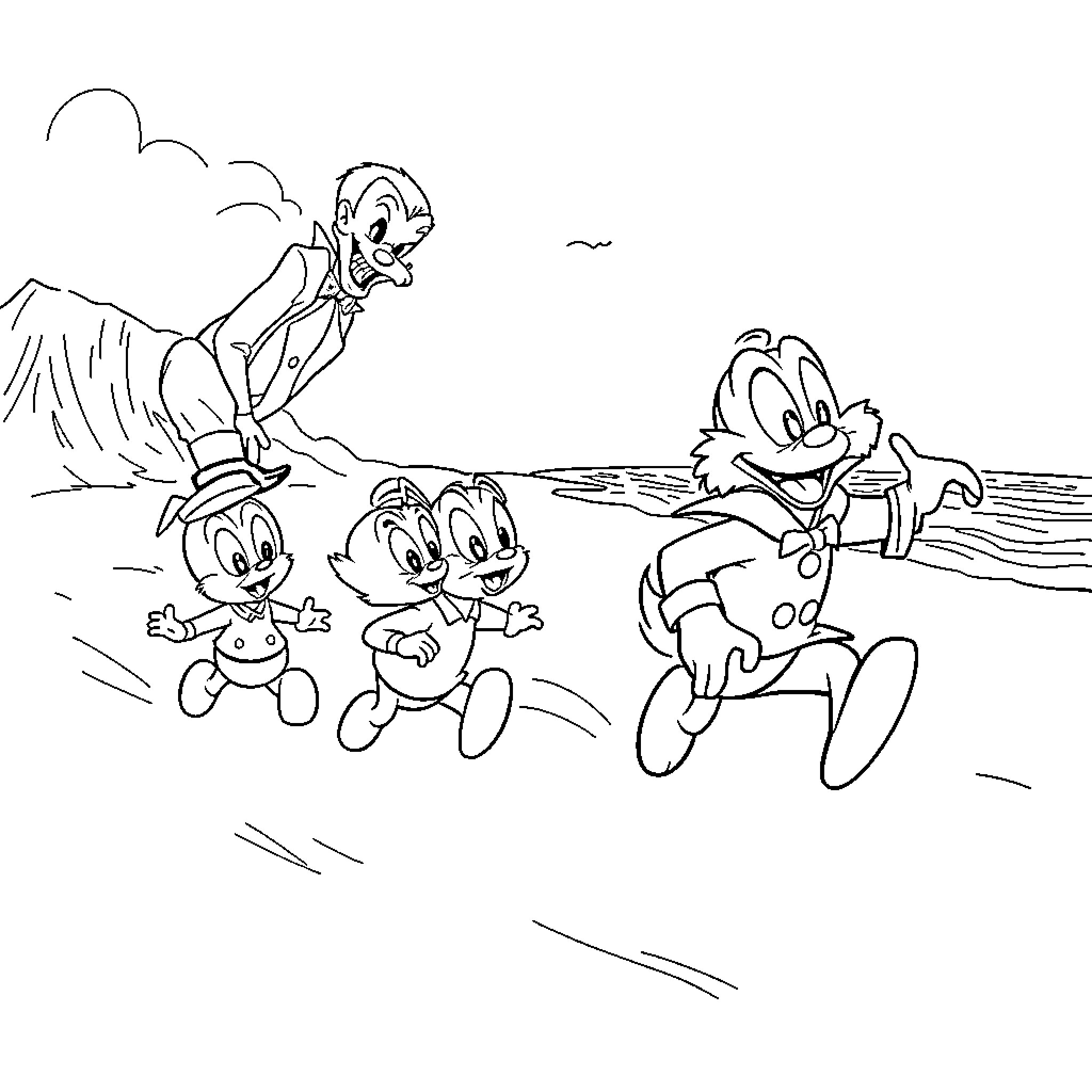 Uncle Scrooge chasing mischievous Ducks on the beach Coloring Page (free black-and-white line drawing printable PDF for all, from beginners to advanced learners, including children, teens, adults, and seniors)