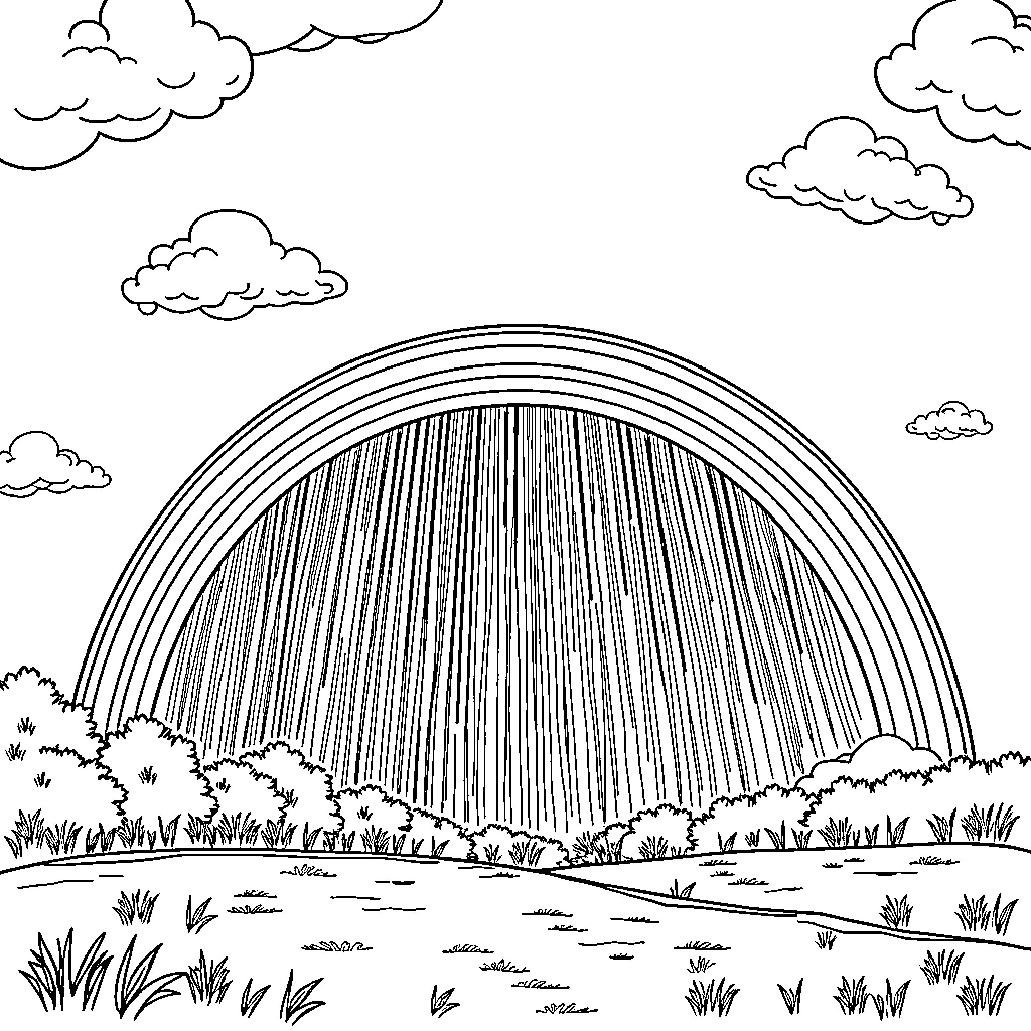 Rainbow Landscape with Flowing Waterfall Coloring Page (free black-and-white line drawing printable PDF for all, from beginners to advanced learners, including children, teens, adults, and seniors)
