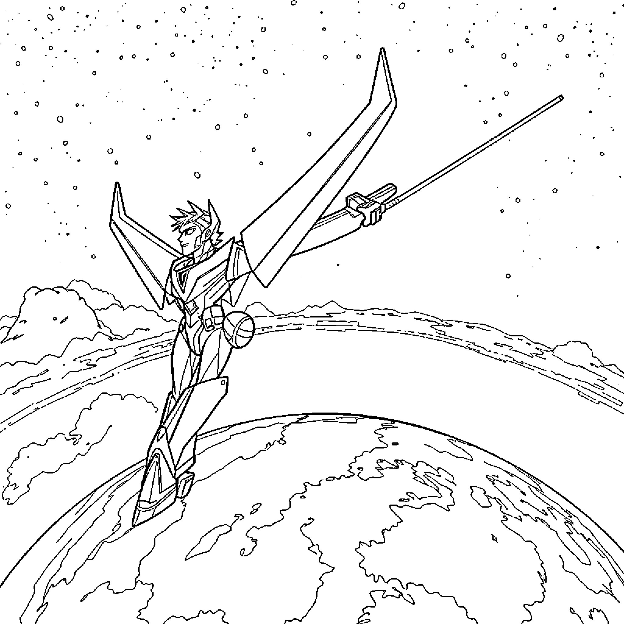 Voltron hero soaring through the starry cosmos Coloring Page (free black-and-white line drawing printable PDF for all, from beginners to advanced learners, including children, teens, adults, and seniors)