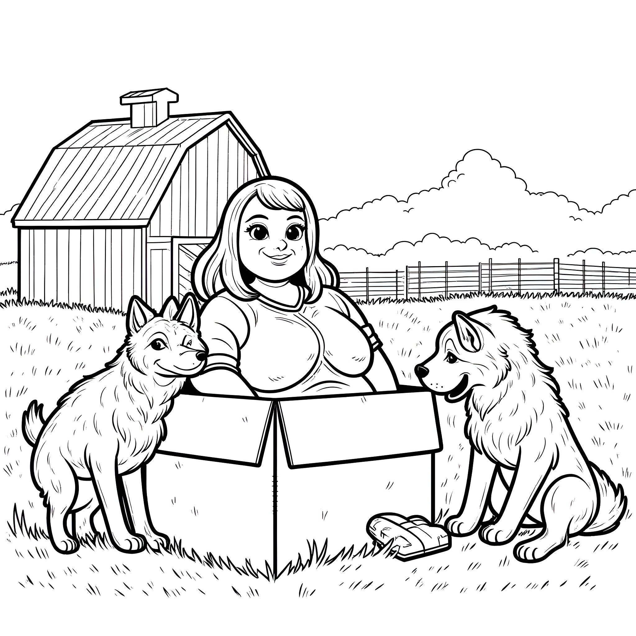 Woman with pets in countryside setting Coloring Page (free black-and-white line drawing printable PDF for all, from beginners to advanced learners, including children, teens, adults, and seniors)