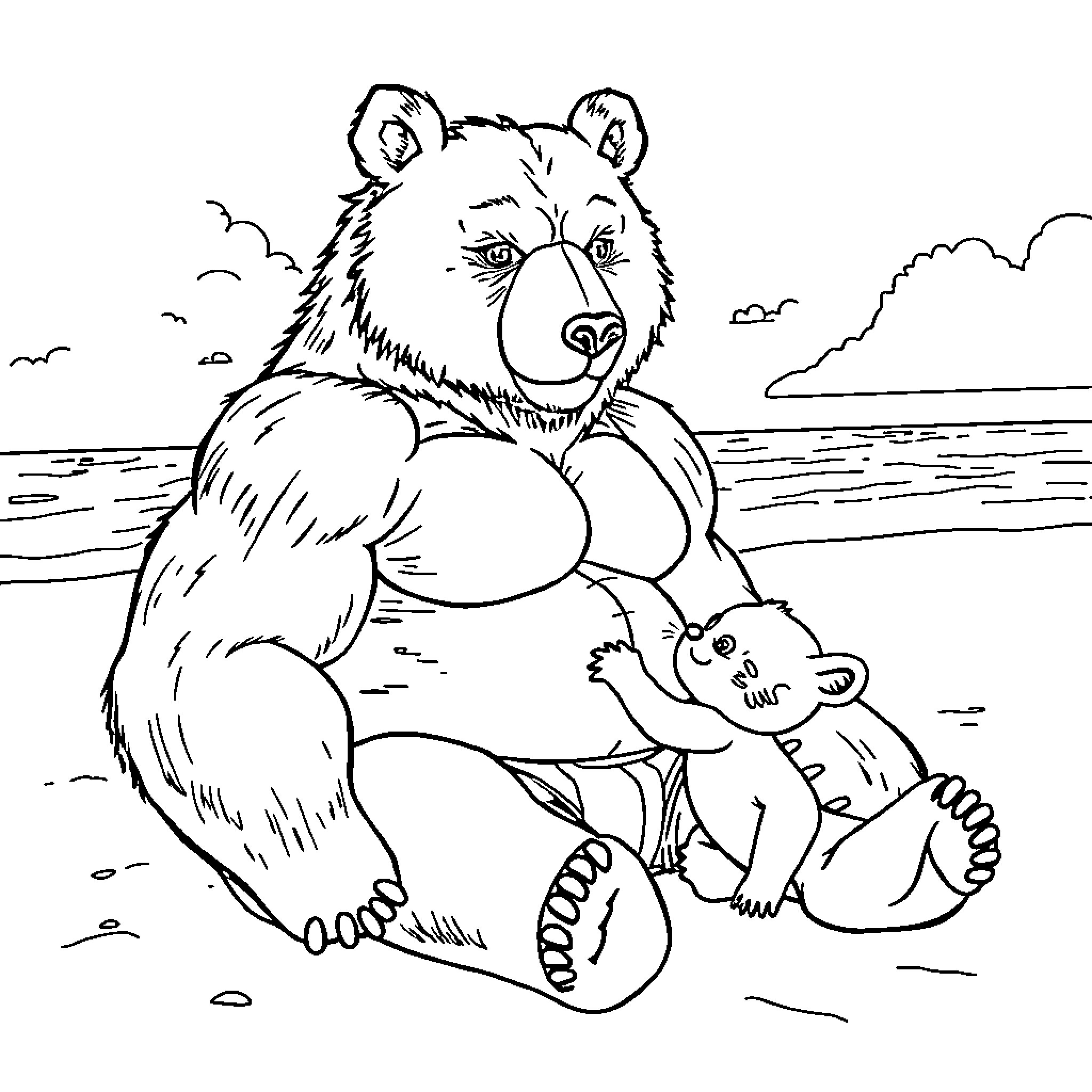 Bear protecting its cub on the shore Coloring Page (free black-and-white line drawing printable PDF for all, from beginners to advanced learners, including children, teens, adults, and seniors)
