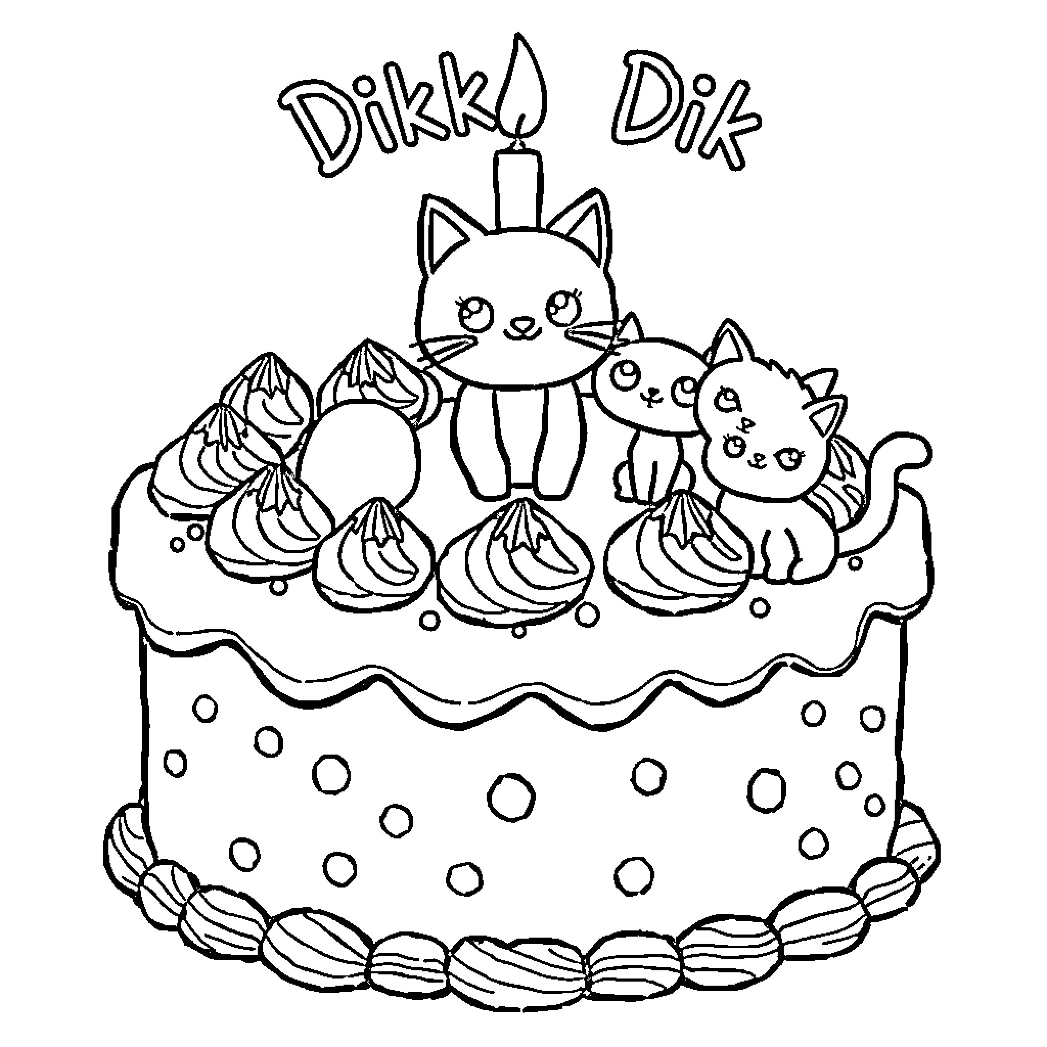 Dikkie Dik's Tasty Cake with Cute Kittens Coloring Page (free black-and-white line drawing printable PDF for all, from beginners to advanced learners, including children, teens, adults, and seniors)