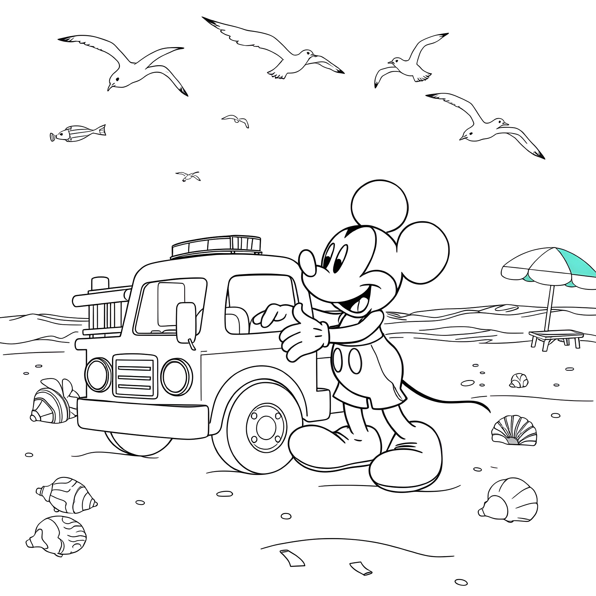 Mickey Mouse playing near the beach with a vehicle Coloring Page (free black-and-white line drawing printable PDF for all, from beginners to advanced learners, including children, teens, adults, and seniors)