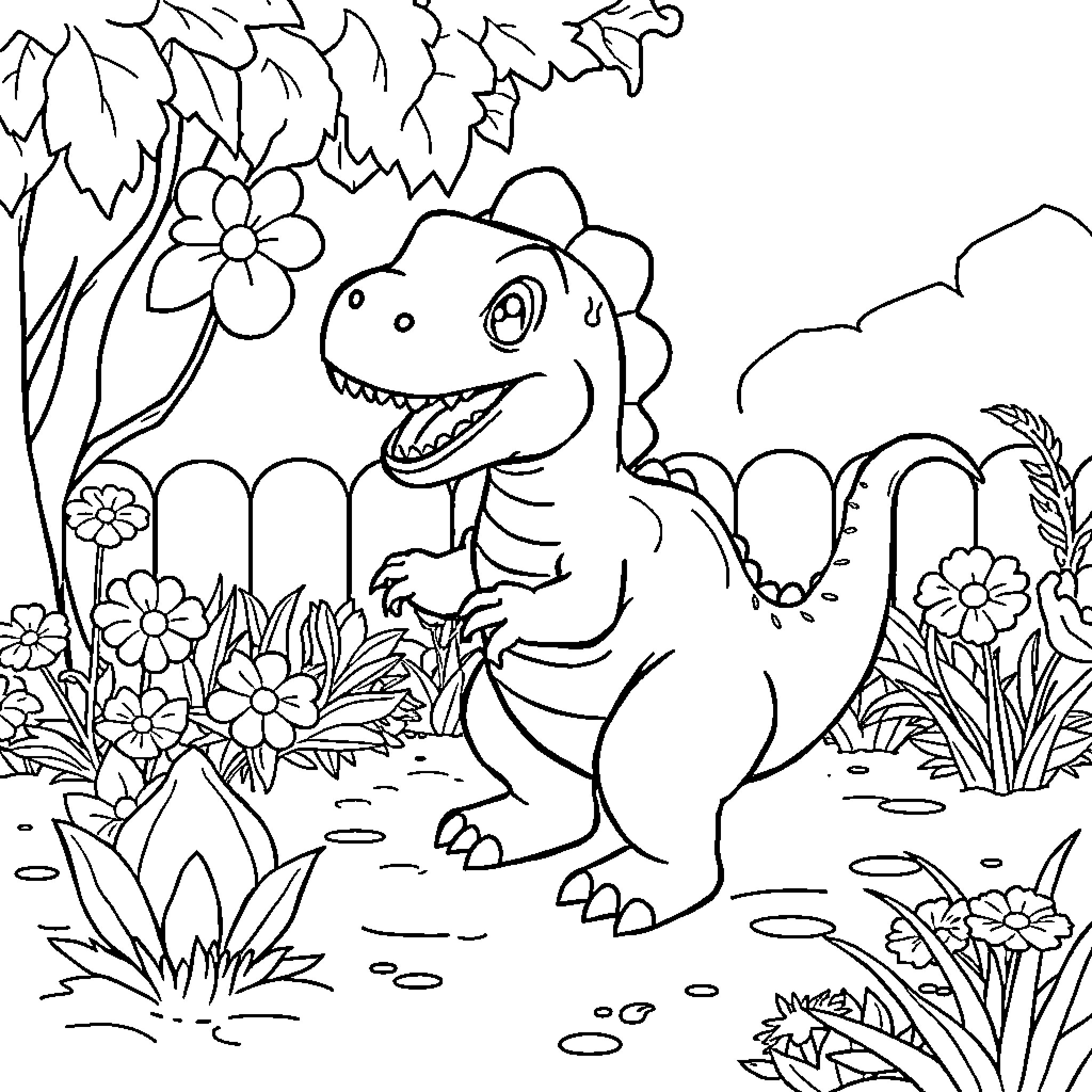 Baby Dinosaur Exploring Colorful Nature Coloring Page (free black-and-white line drawing printable PDF for all, from beginners to advanced learners, including children, teens, adults, and seniors)