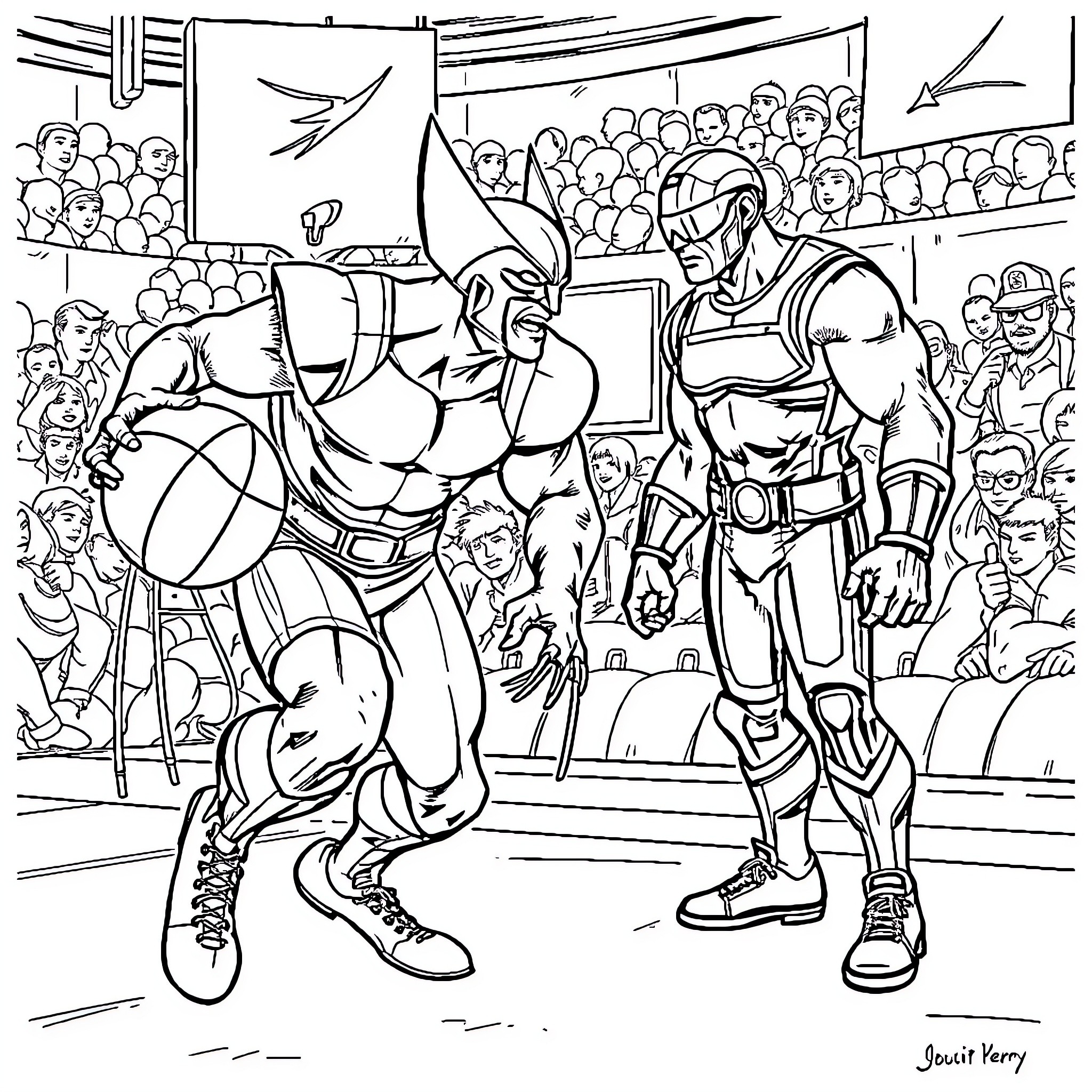 Wolverine facing off against a masked opponent in the arena Coloring Page (free black-and-white line drawing printable PDF for all, from beginners to advanced learners, including children, teens, adults, and seniors)
