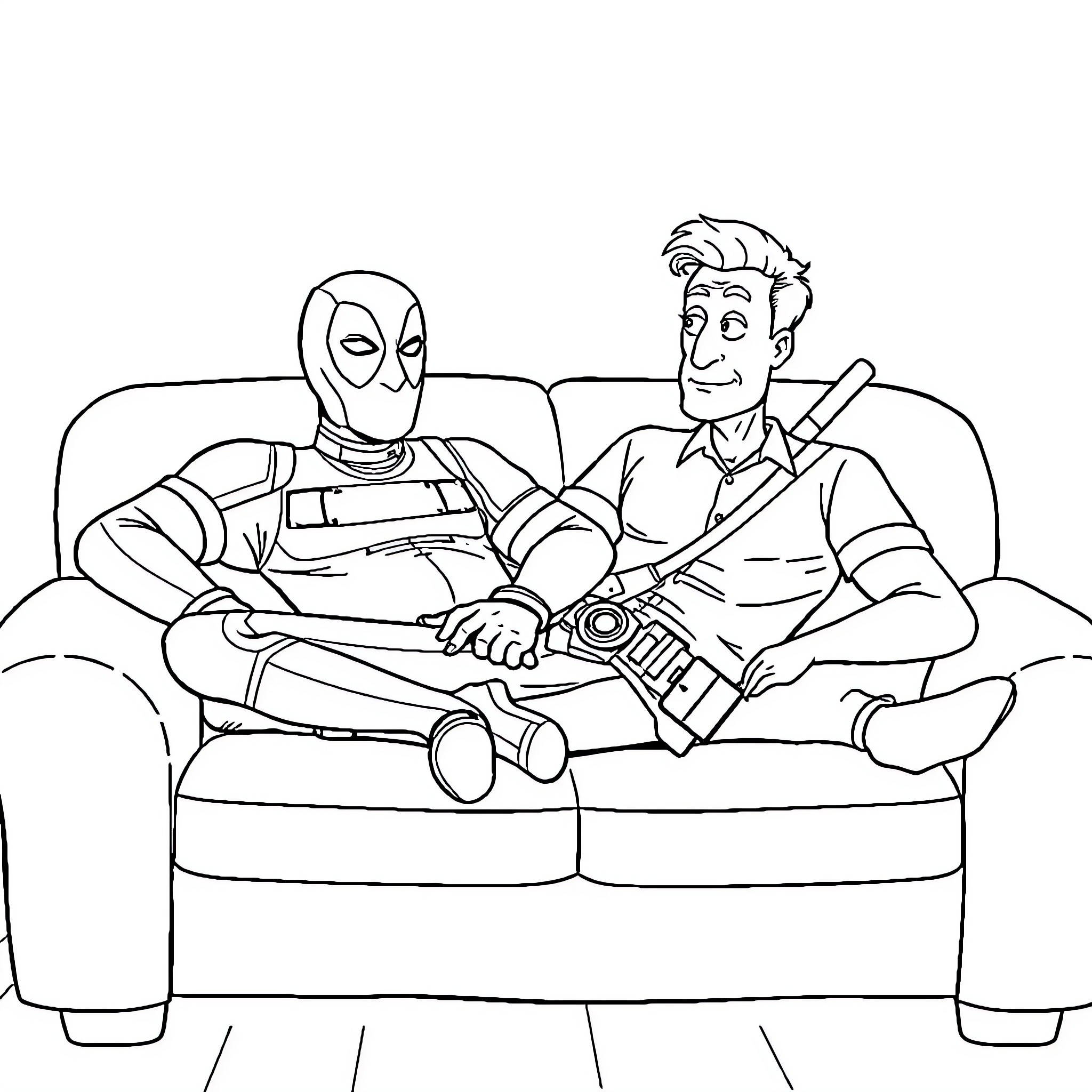 Sheldon and a friend relaxing on the couch Coloring Page (free black-and-white line drawing printable PDF for all, from beginners to advanced learners, including children, teens, adults, and seniors)
